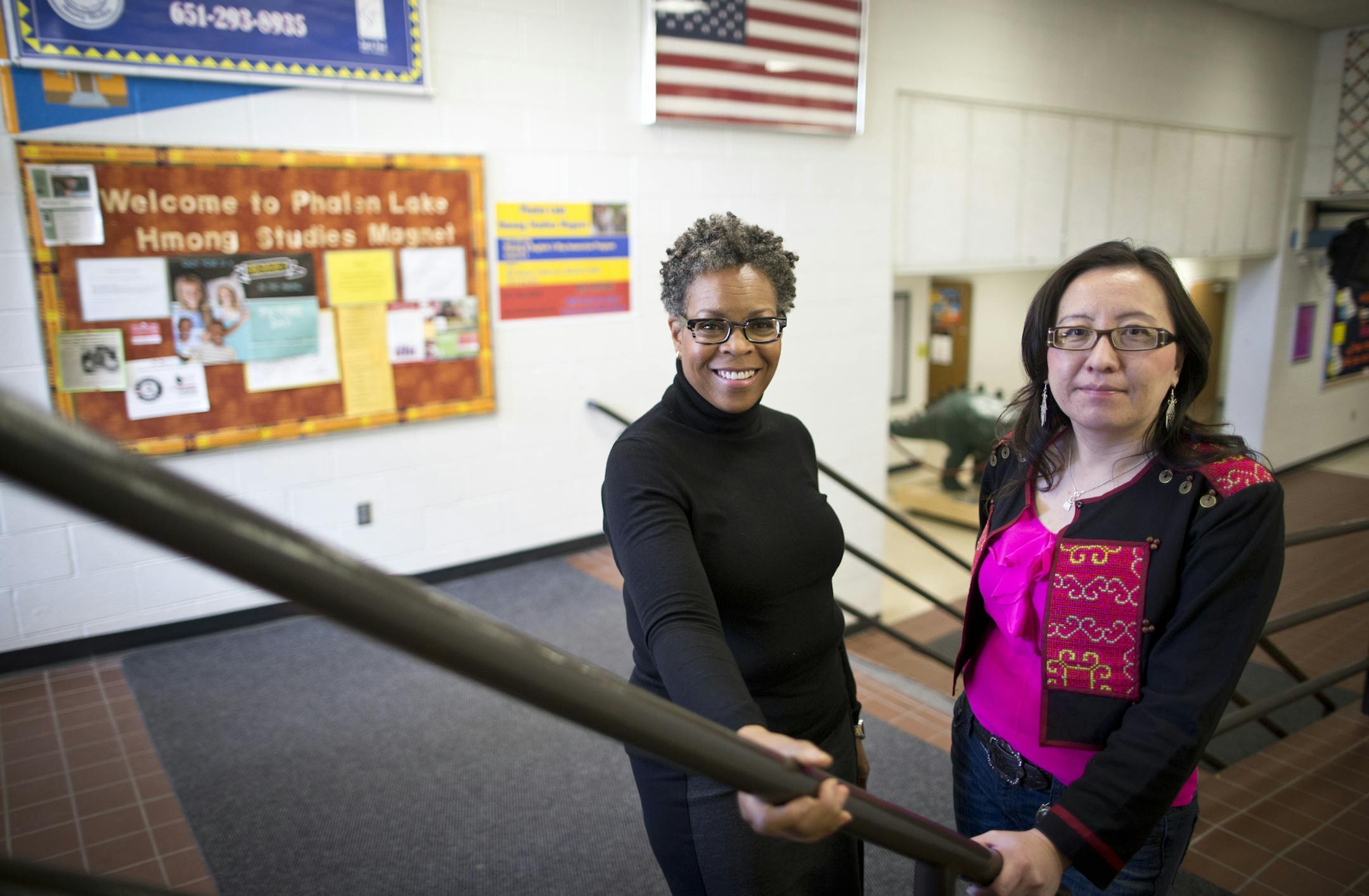 Deborah Shipp and Be Vang posed for a picture at Phalen Lake Hmong Studies Magnet in St. Paul, Minn. on Friday, Ocotber 18, 2013. ] RENEE JONES SCHNEIDER ‚Ä¢ reneejones@startribune.com