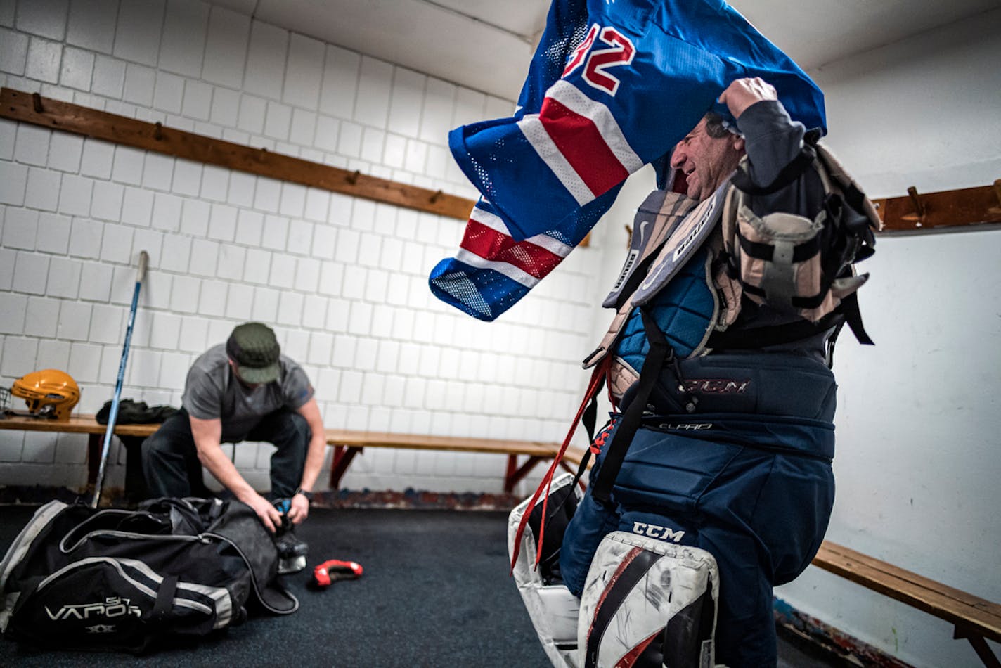 Kim Frizzell, a pilot with Delta, suited up as goalie for a match at Highland Area in St. Paul.