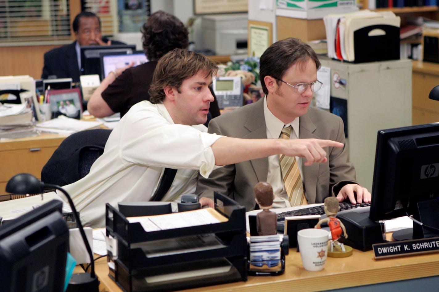 The Office: John Krasinski as Jim Halpert, Rainn Wilson as Dwight Schrute -- NBC Photo: Chris Haston