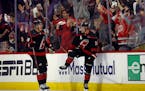 Carolina Hurricanes' Sebastian Aho (20), with teammate Brady Skjei (76) nearby, celebrates his tying goal during the third period in Game 2 against th