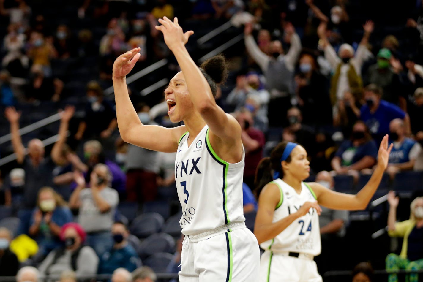 Lynx forward/guard Aerial Powers celebrate after a game earlier this season. Minnesota defeated Indiana on Friday night.