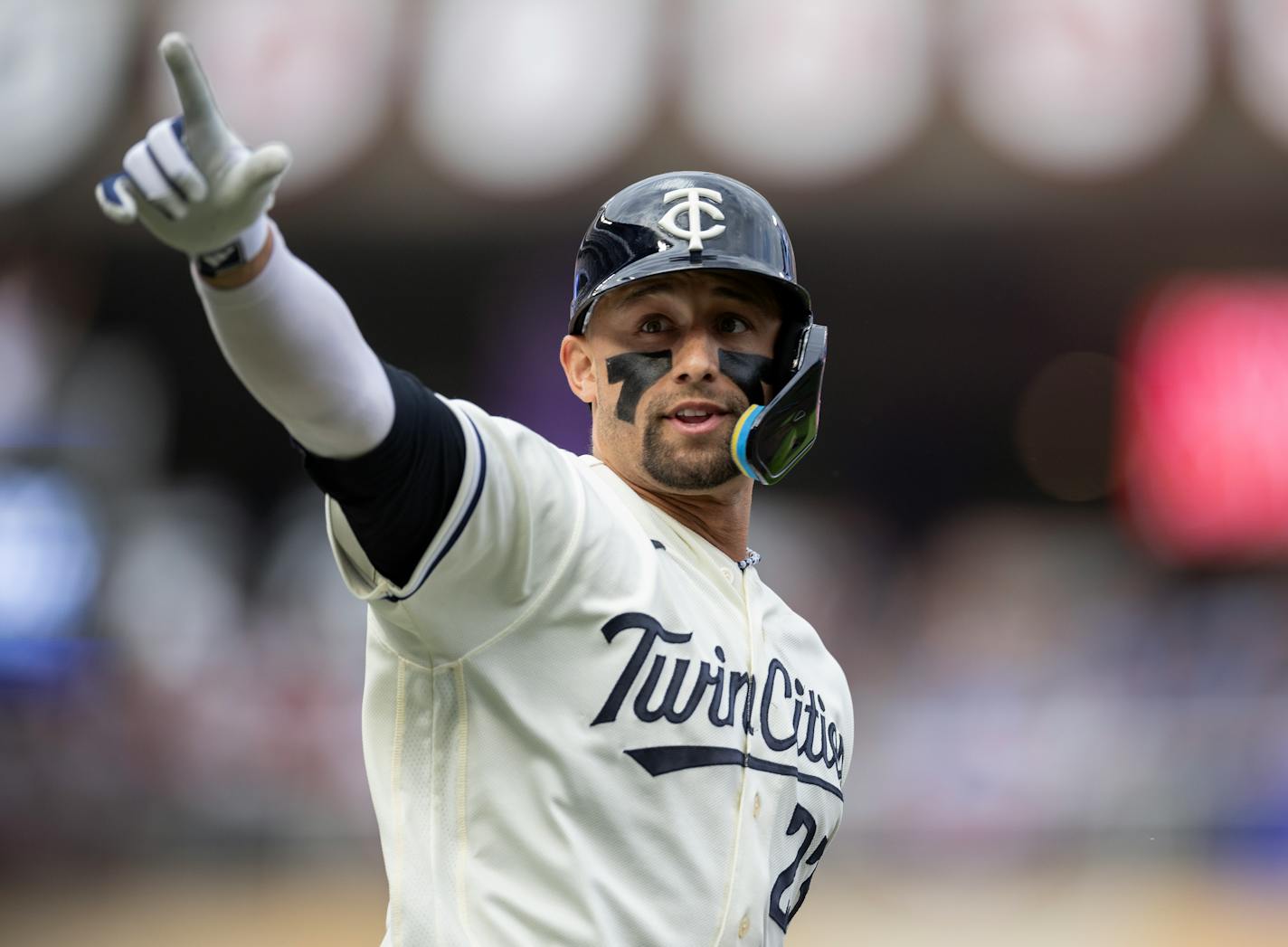 Royce Lewis of the Minnesota Twins celebrates after hitting homerun in the third inning during Game 1 of the Wild Card series, Tuesday, October 3, 2023, at Target Field in Minneapolis, Minn. ] CARLOS GONZALEZ • carlos.gonzalez@startribune.com