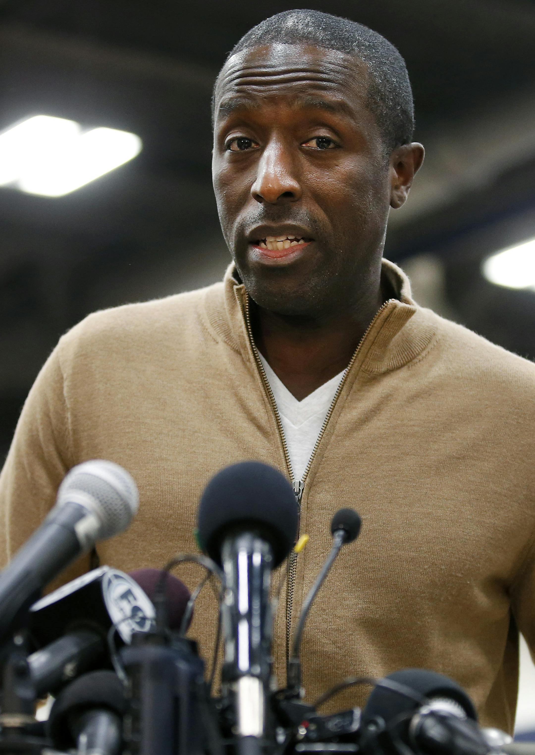 Minnesota Timberwolves general manager Milt Newton spoke to the media about Flip Saunders after practice on Monday. ] CARLOS GONZALEZ ï cgonzalez@startribune.com - October 26, 2015, Minneapolis, MN, Mayo Clinic Square, Minnesota Timberwolves media availability after the death of Flip Saunders.