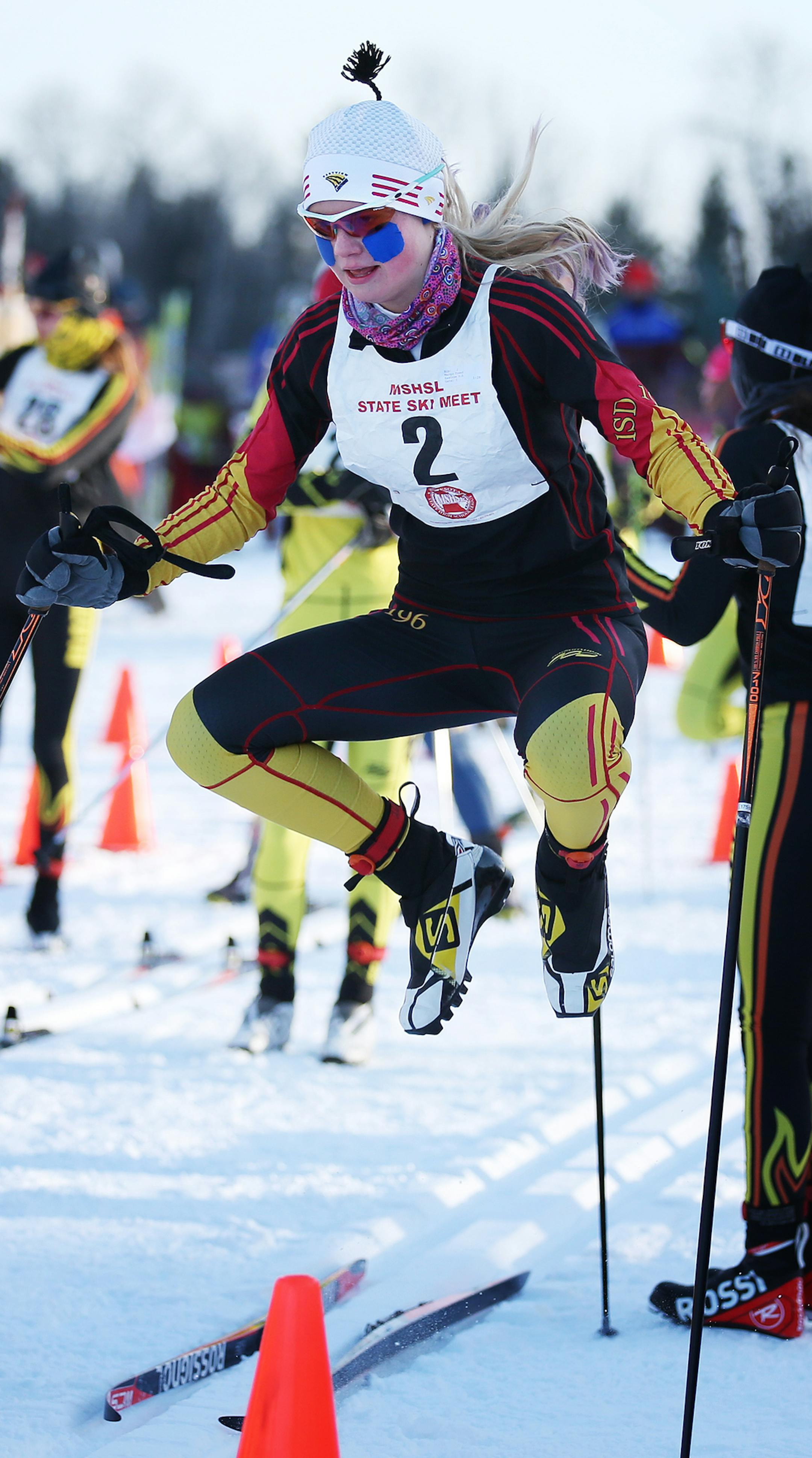 Margie Freed of Eastview High School warms up before the girls classic race during the Nordic Ski Racing State Meet in Biwabik on Thursday, February 12, 2015. ] LEILA NAVIDI leila.navidi@startribune.com /