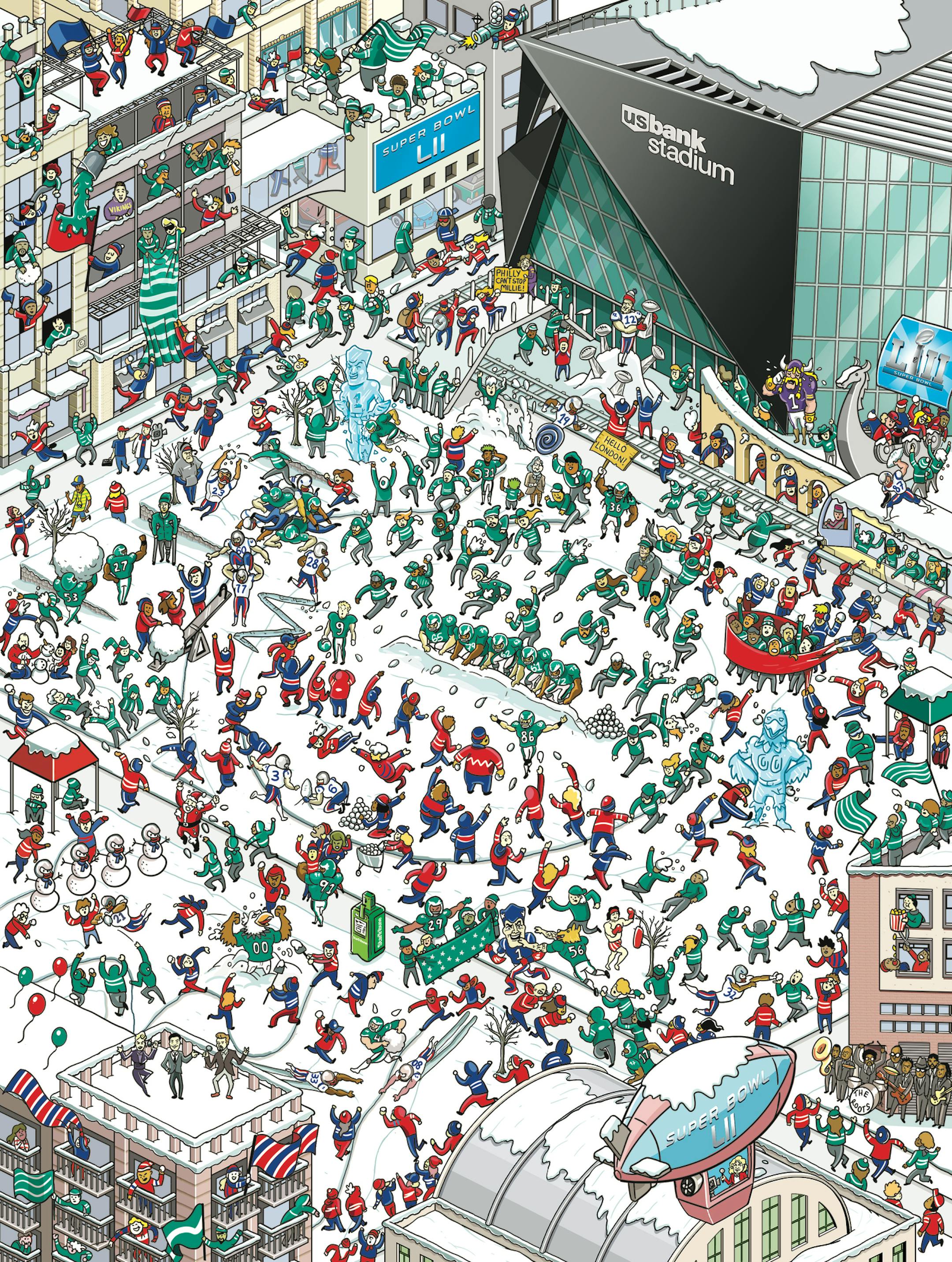 Cover illustration for the Super Bowl LII special section. The game is between the New England Patriots and the Philadelphia Eagles. Publication date is Sunday, February 4. Illustration by Gus Morais, Special to the Star Tribune