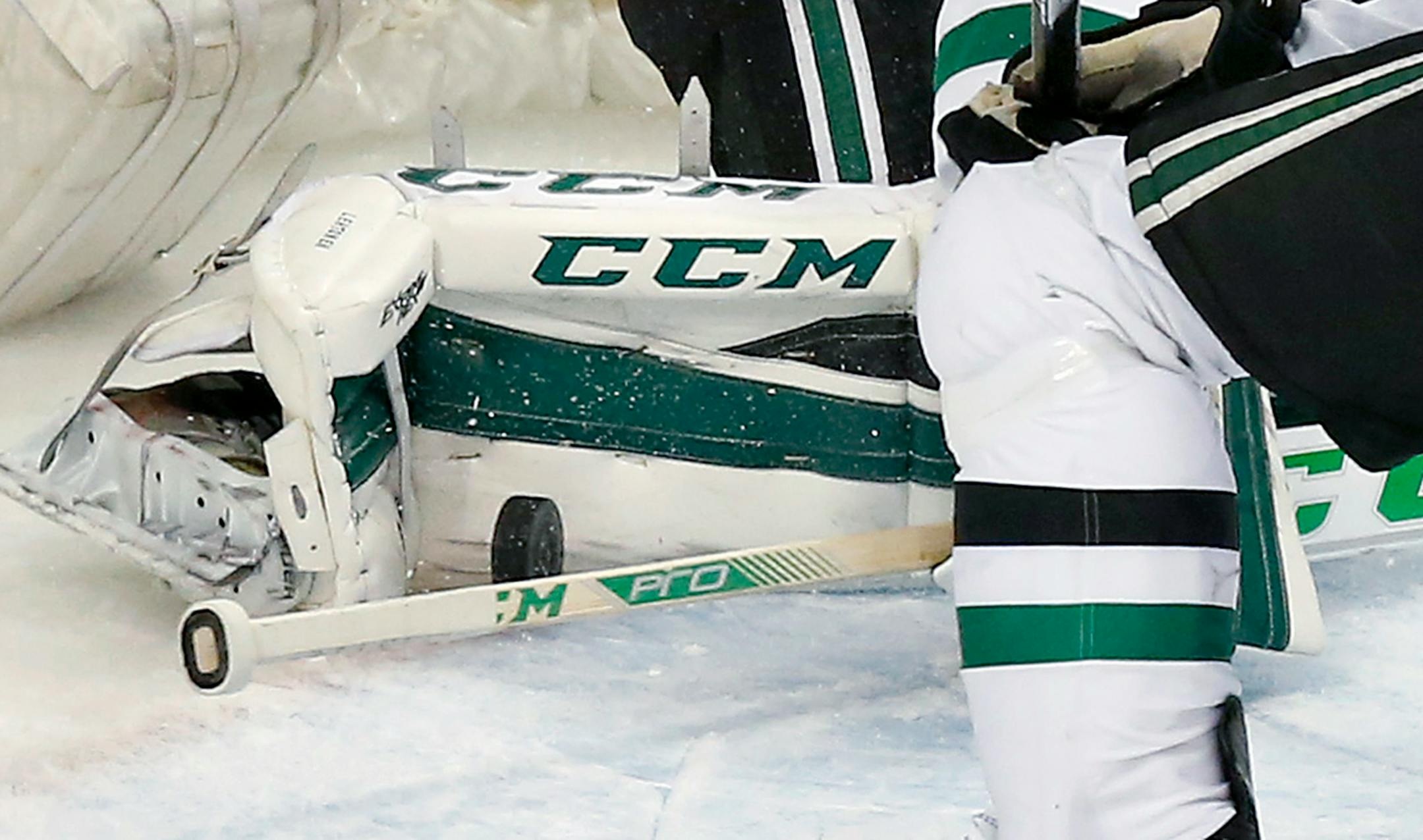 Stars goalie Kari Lehtonen blocked a shot by the Wild's Nino Niederreiter late in the third period Sunday in Game 6 at Xcel Energy Center. The play was reviewed by the officials and ruled the puck did not completely cross the goal line.