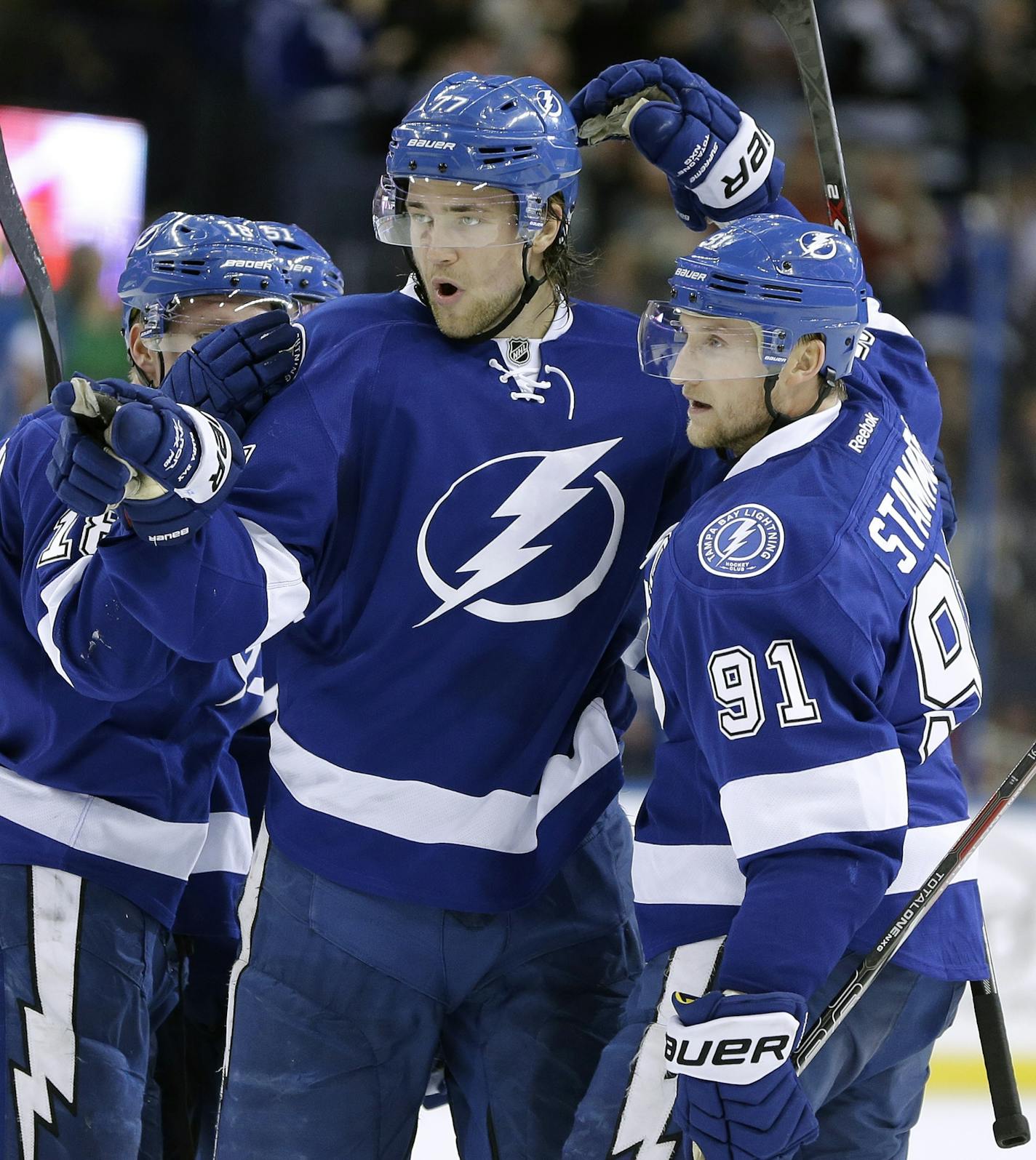 Tampa Bay Lightning defenseman Victor Hedman (77), of Sweden, celebrates his goal against the Ottawa Senators with teammate center Steven Stamkos (91) during the second period of an NHL hockey game Monday, March 24, 2014, in Tampa, Fla. (AP Photo/Chris O'Meara) ORG XMIT: TPA107