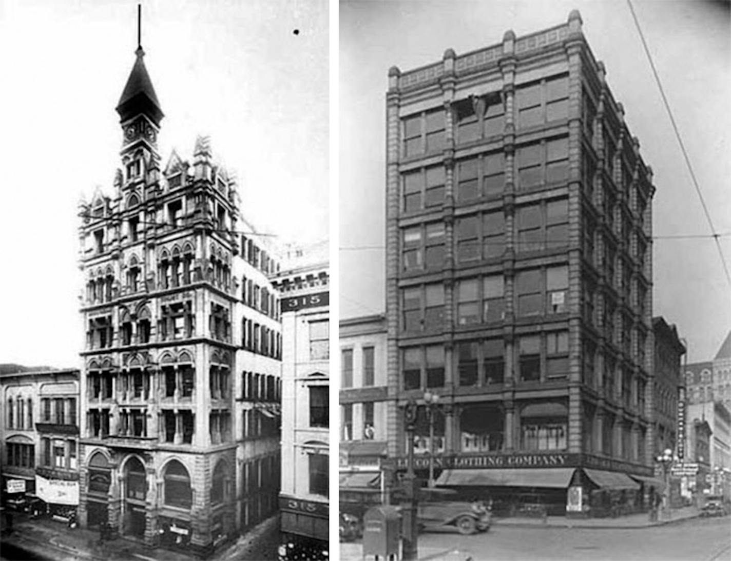 Minneapolis buildings designed by Isaac Hodgson and Sons included the Minnesota Loan and Trust Co. building (shown in 1911) and the Bank of Minneapolis building (shown in 1936, after it had become Lincoln Clothing Co.).