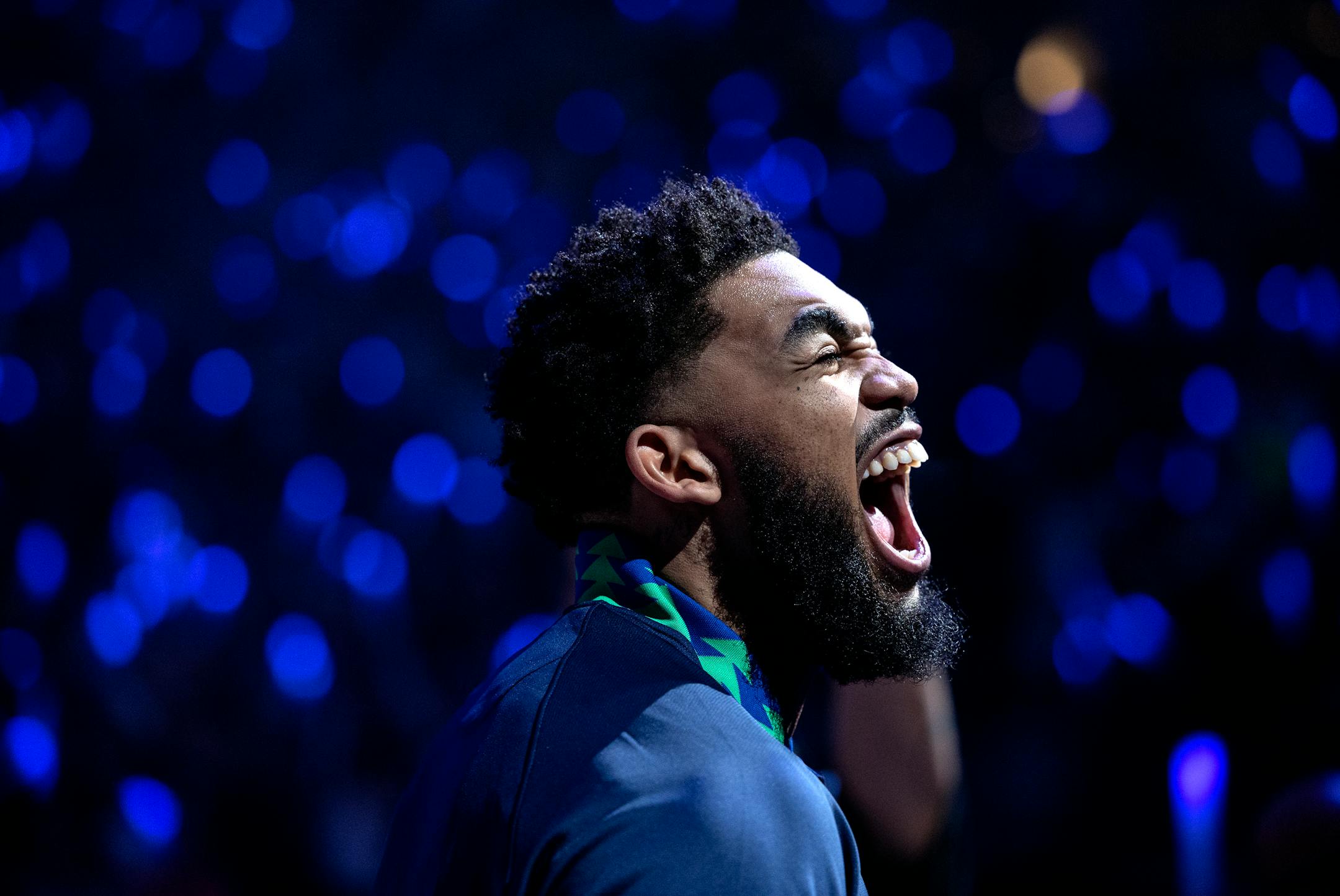 Karl Anthony-Towns (32) of the Minnesota Timberwolves during team introductions before game 6 of the playoffs round one.