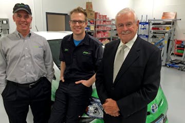 David Cleveland, right, with his son, Brad, right, and nephew John, center, at John’s CARspec hybrid auto-repair shop in Eden Prairie in 2016. David