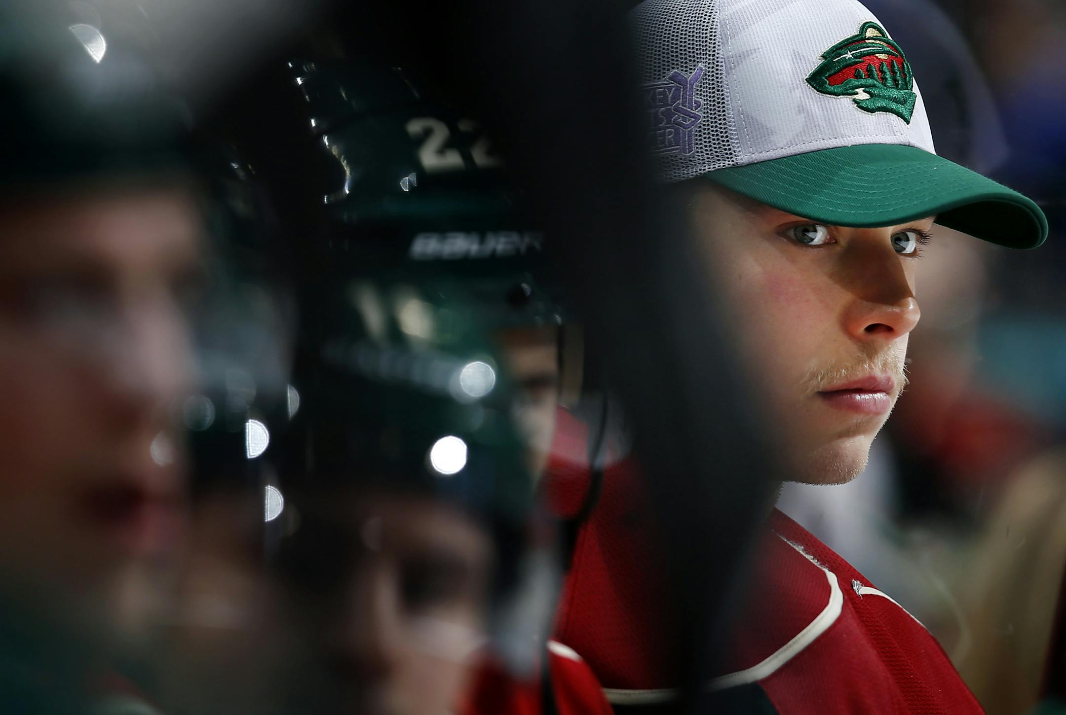 Minnesota Wild goalie Darcy Kuemper (35) watched from the bench in the second period. Kuemper gave up four goals in the first period and was replaced by Niklas Backstrom in the second period. ] CARLOS GONZALEZ cgonzalez@startribune.com - November 26, 2014, St. Paul, Minn., Xcel Energy Center, NHL, Minnesota Wild vs. (LA) Los Angeles Kings