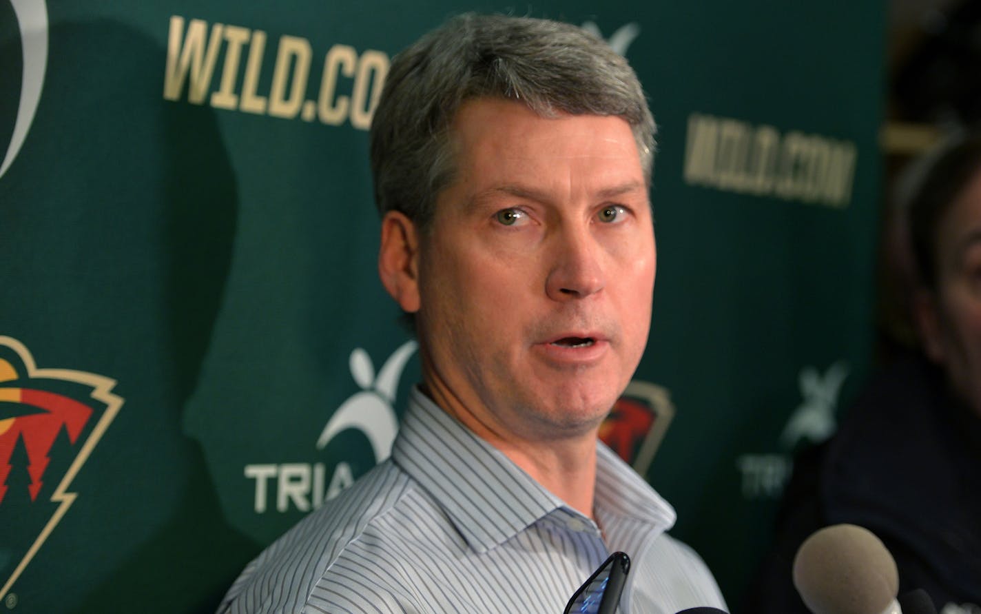 Minnesota Wild General Manager, Chuck Fletcher, addresses the press Sunday, February 14 at Braemer Arena in Edina, the morning after firing Wild Head Coach Mike Yeo. John Torchetti has been named interim head coach ] (SPECIAL TO THE STAR TRIBUNE/BRE McGEE) **Chuck Fletcher (Wild GM), John Torchetti (not pictured, Wild interim head coach), Mike Yeo (former Wild head coach, not pictured)