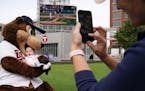 Chrissie Olson took a photo of her 5-month-old daughter Marion as T.C. Bear jokingly took a bite of the youngster during a free "Post-season Push" par