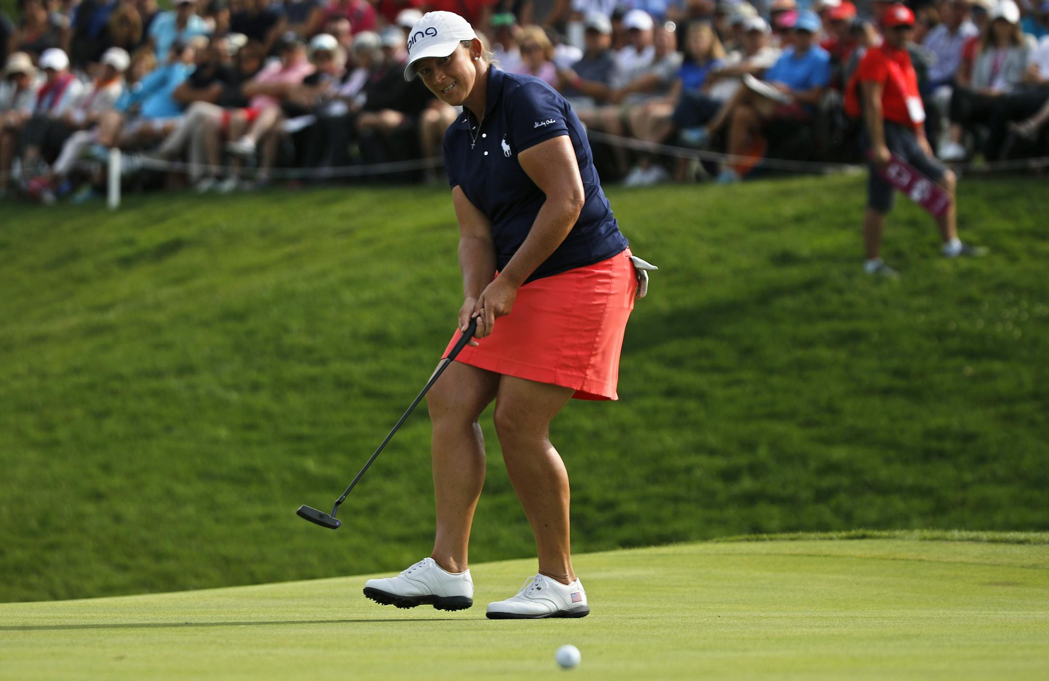 Angela Stanford on the 18th green of the 2018 Evian Championship, which she won.