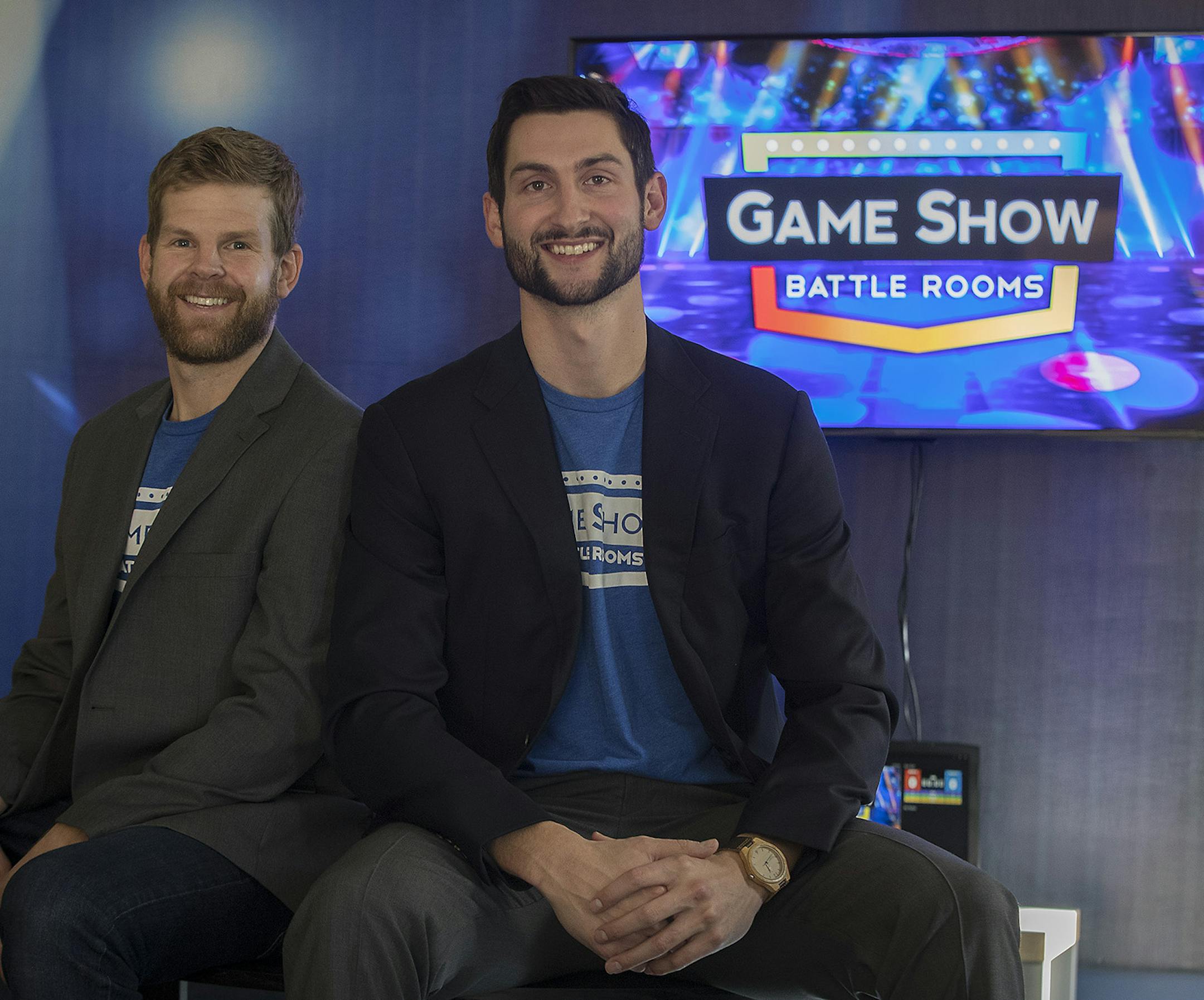 Kevin Letnes, left, and David Sauer at the "Game Show Battle Room" business they run, Thursday, October 19, 2017 in Golden Valley, MN. They are giving everyone the chance to compete on a game show. Their new one hour game show experience creates "Friendly Feud," "Wheel of Phrases" and "Name that Price" to give game show wannabees a glimpse of what it would be like to be on set with Pat Sajak, Steve Harvey or Drew Carey but with your friends, family or co-workers. ] ELIZABETH FLORES &#xef; liz.fl