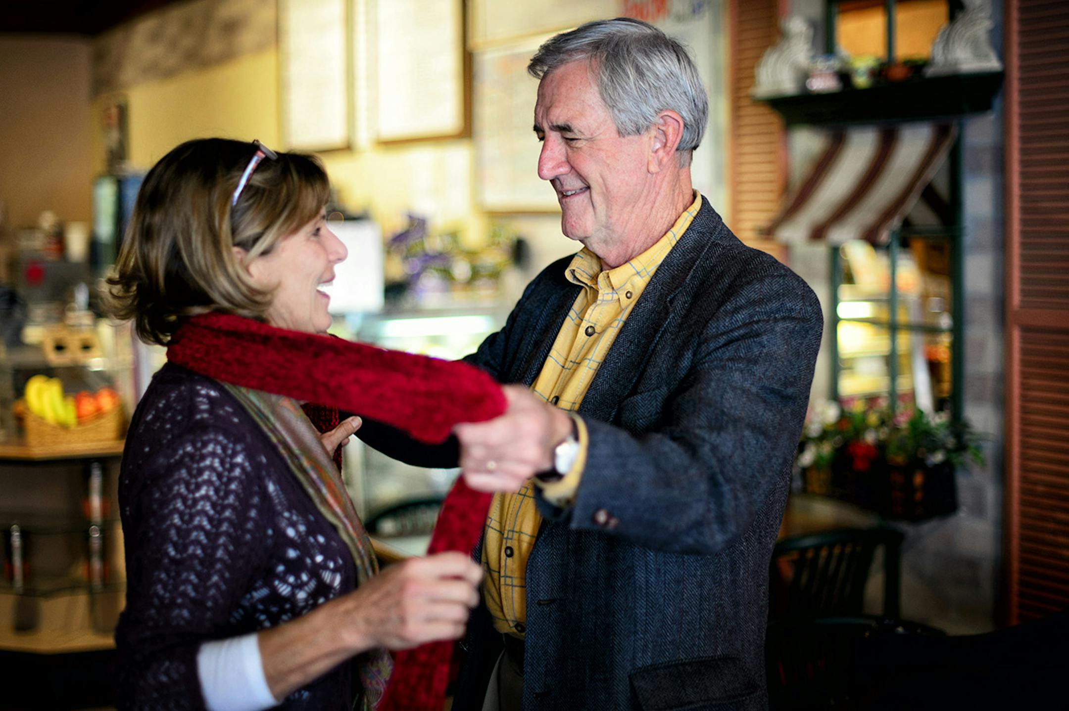 Congressman Rick Nolan helped his wife Mary on with her scarf on a chilly Duluth morning then kissed her. ] GLEN STUBBE * gstubbe@startribune.com Friday, October 31, 2014