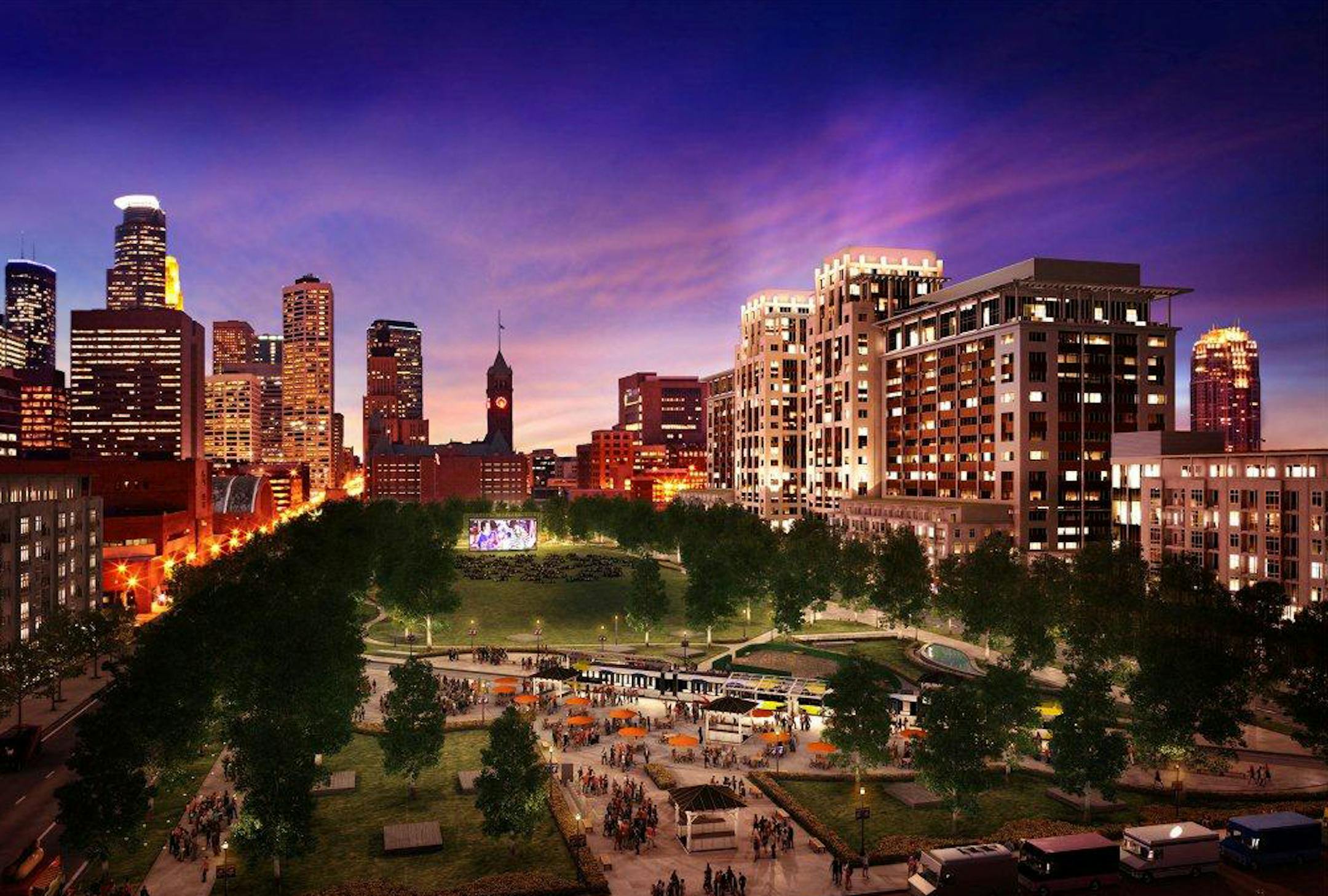 Ryan Companies proposal for a $400 million redevelopment of five blocks now dominated by surface parking lots between the downtown central business district and the new stadium. It includes 300 housing units, 40,000 square-feet of retail and 1.16 million square feet of office space in two 20-story towers. Credit: Renderings courtesy of Ryan Companies