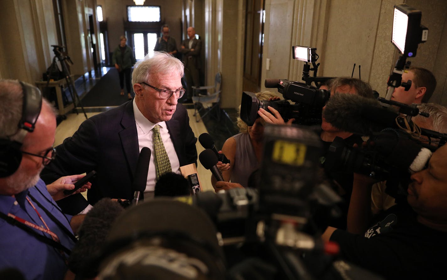 Former Ramsey County attorney Tom Foley spoke with journalists after filing for attorney general in the final half hour before the deadline Tuesday.] ANTHONY SOUFFLE &#xef; anthony.souffle@startribune.com Candidates rushed to add their names to the races before the 5 p.m. Tuesday, June 5, 2018 deadline for filing to Minnesota's August primary ballot at the Minnesota Secretary of State's Office in St. Paul, Minn. With Lori Swanson out of AG and into governor's race, there could yet be more big la