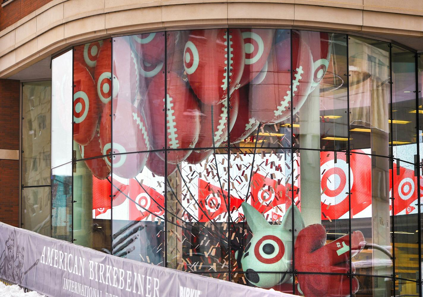 Target on Nicollet Mall is decorated for football. ] GLEN STUBBE &#x2022; glen.stubbe@startribune.com Thursday, January 25, 2018 Corporate presence on Nicollet Mall as they finish up work on getting it ready for Super Bowl Live, which officially kicks off Friday afternoon.