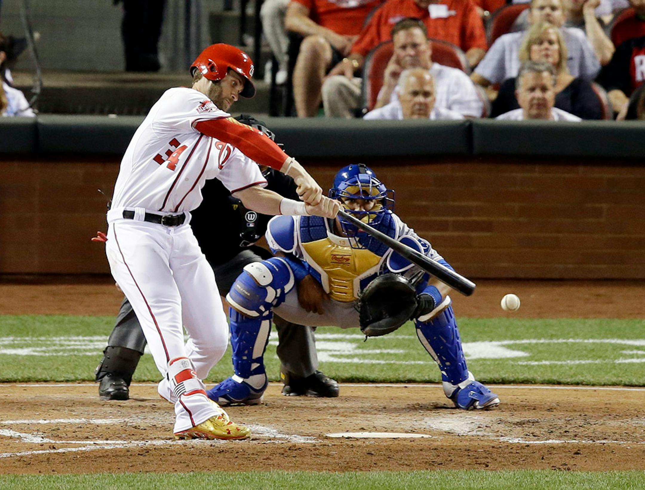 National League's Bryce Harper, of the Washington Nationals, strikes out during the fourth inning of the MLB All-Star baseball game, Tuesday, July 14, 2015, in Cincinnati.