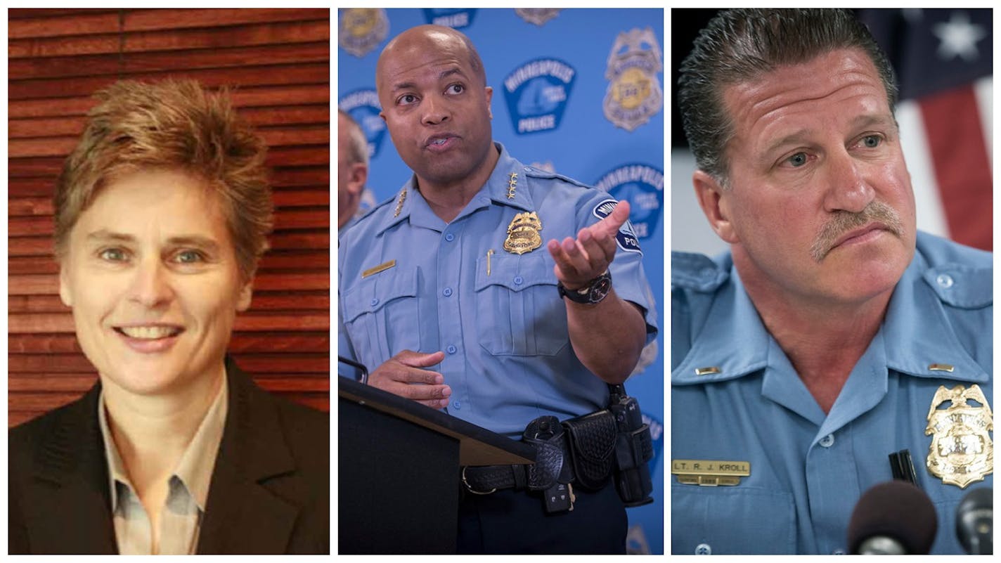 Those reacting to the report on traffic stops included, from left, Chief Public Defender Mary Moriarty, Police Chief Medaria Arradondo and Minneapolis police union President Bob Kroll.