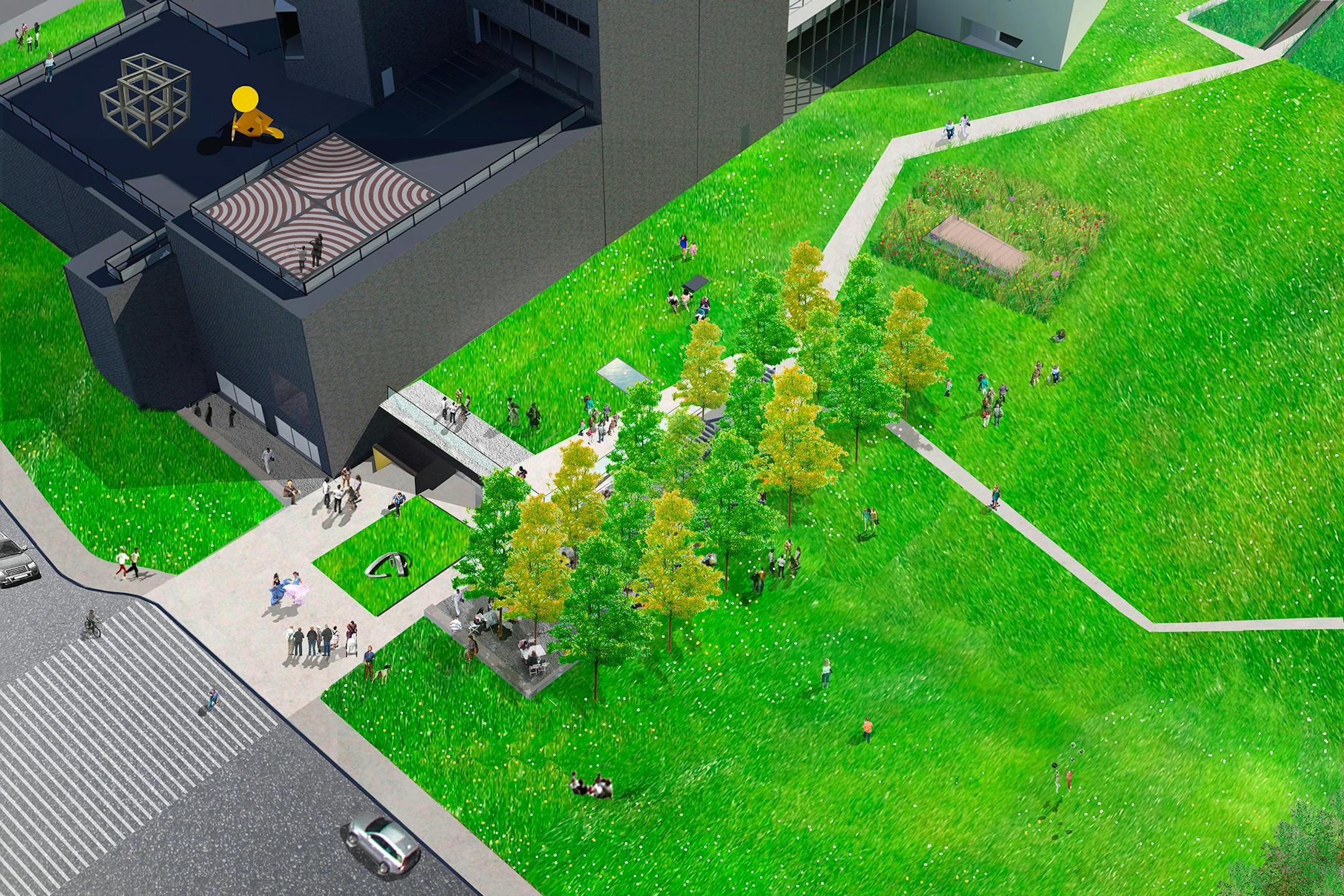 A stairway beside the new entrance will connect Vineland Place to zigzag paths leading to groves of trees and sculpture dotting the reshaped hillside west of the Walker's building.