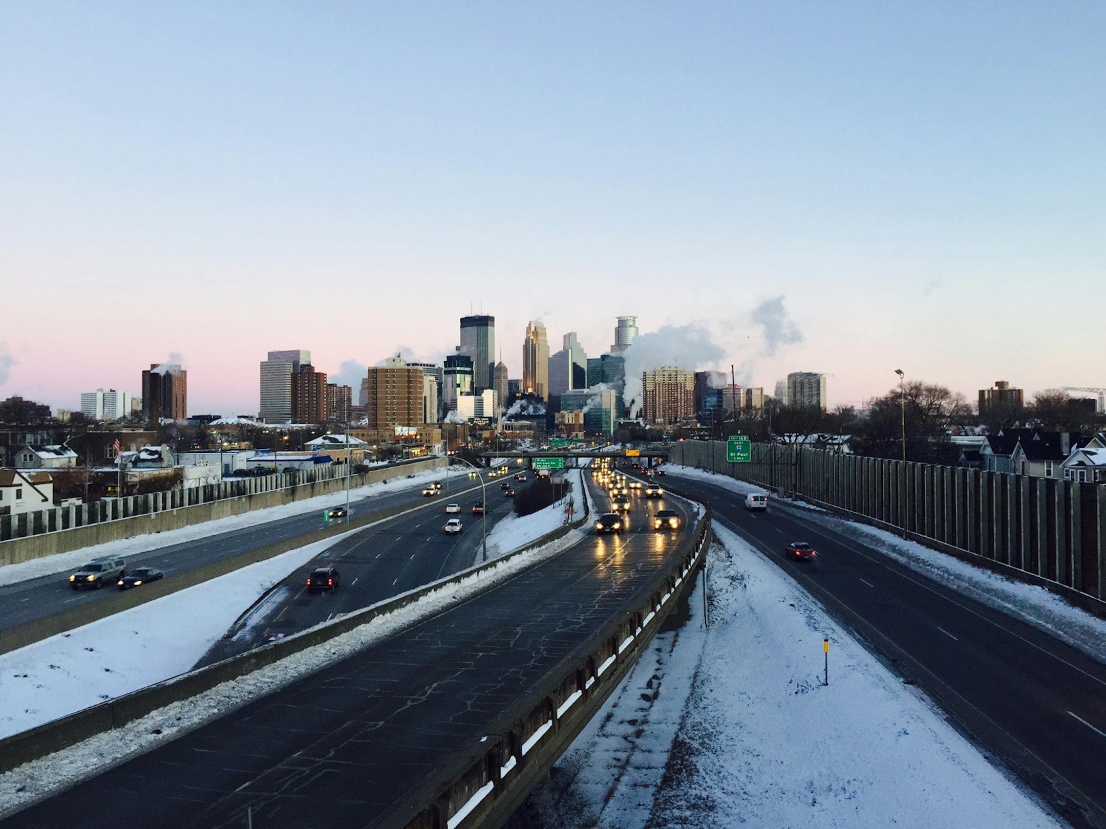 Below-zero temperatures and windchills as low as -25 made for a bracing start Tuesday in Minneapolis, seen here from the 24th St. pedestrian bridge over I-35W.