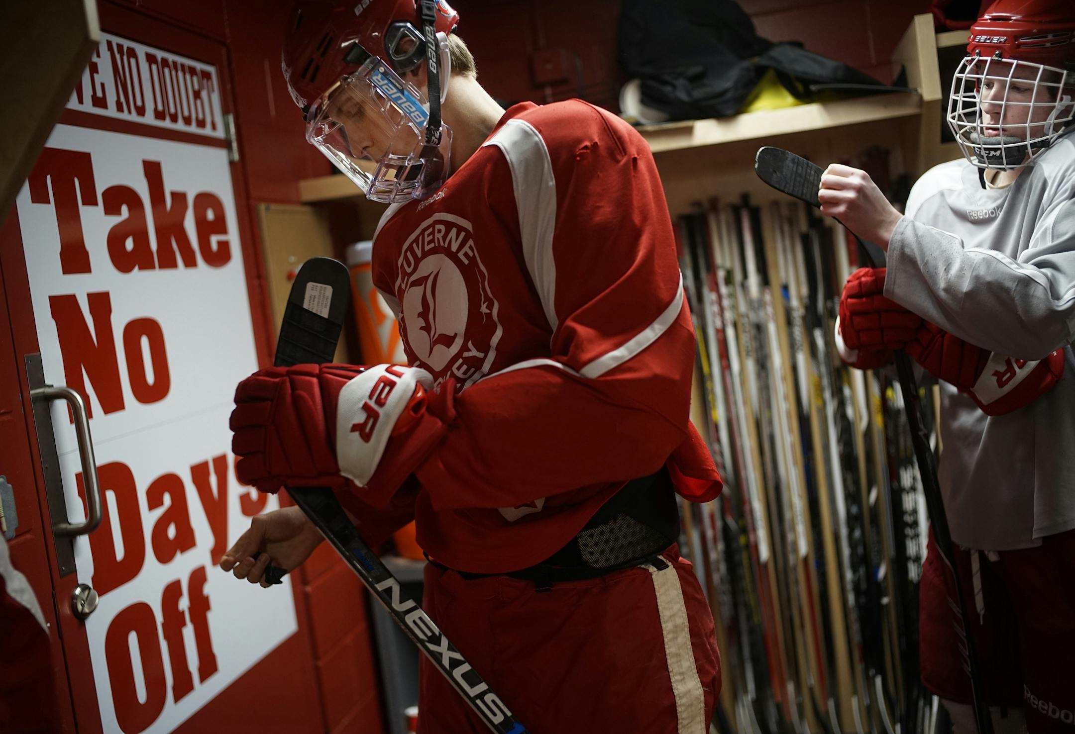 At the Blue Mound Ice Arena, the Luverne hockey team has built a strong following and culture in the region. Top U of M prospect Jaxon Nelson got ready to take the ice during practice.] rtsong-taatarii@startribune.com/ Richard Tsong-Taatarii