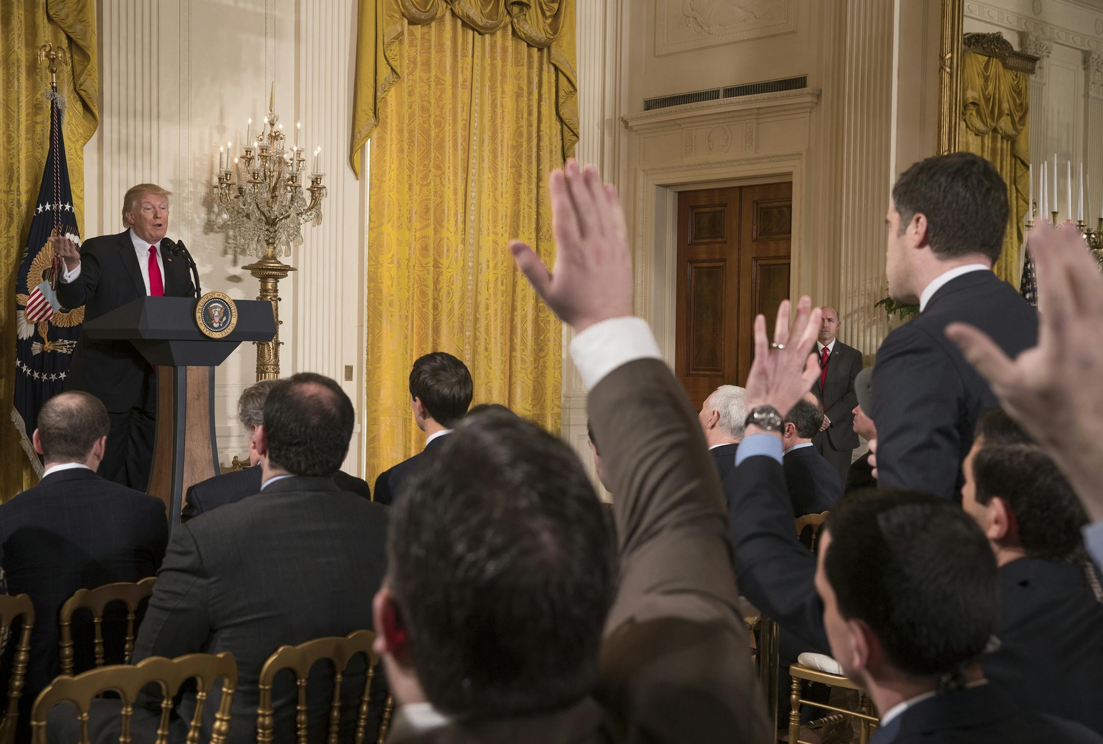 President Donald Trump speaks during a news conference in the East Room of the White House, in Washington, Feb. 16, 2017. Around the world, observers have reacted with anxiety, disbelief and humor to Trump’s rambling and defiant 77-minute news conference on Thursday. (Stephen Crowley/The New York Times)