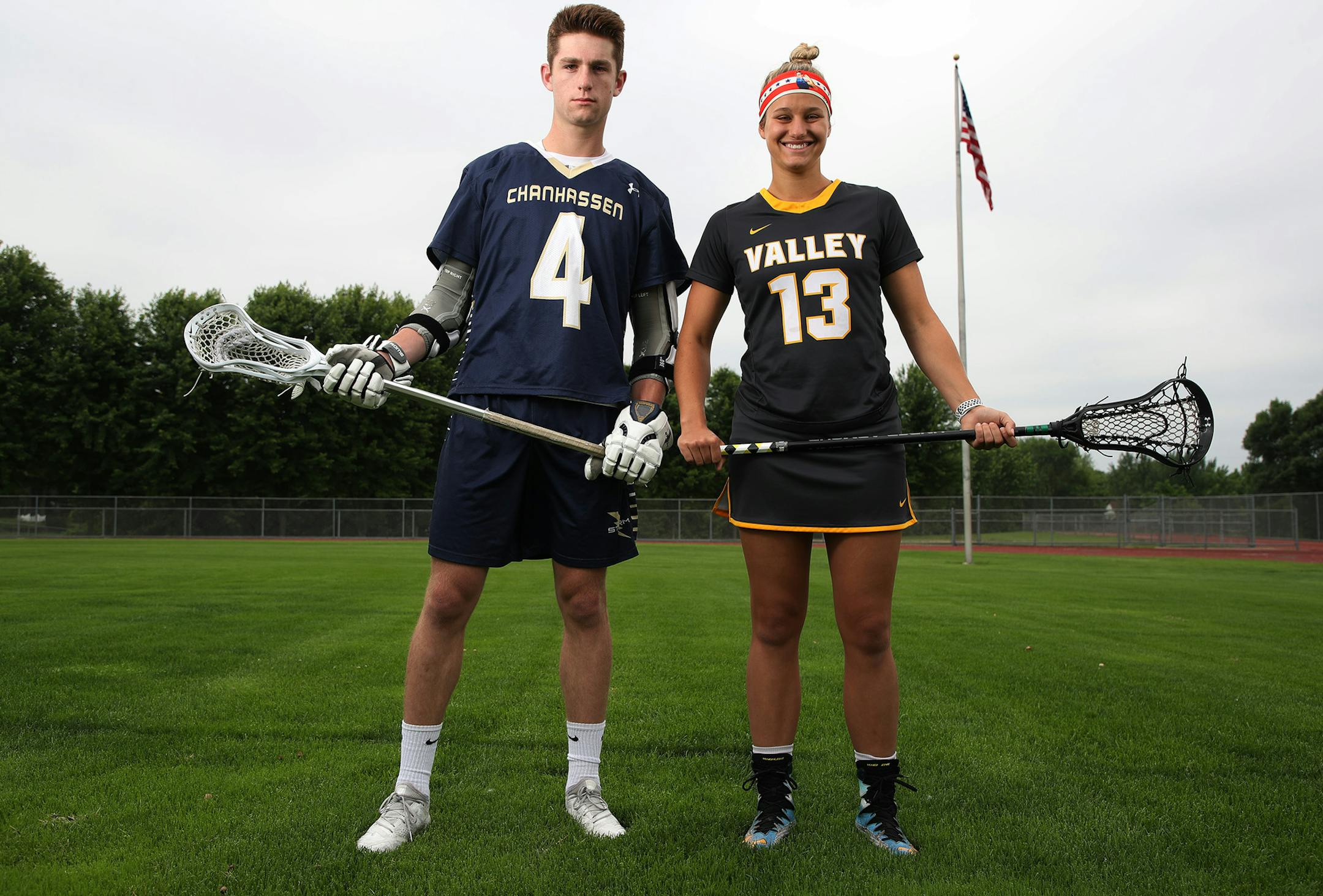 Portrait of Boys and girls high school lacrosse players of the year left, Cole Grindberg (Chanhassen) and Reagan Roelofs (Apple Valley) Sunday June 10, 2018 in Apple Valley , MN. ] JERRY HOLT ï jerry.holt@startribune.com