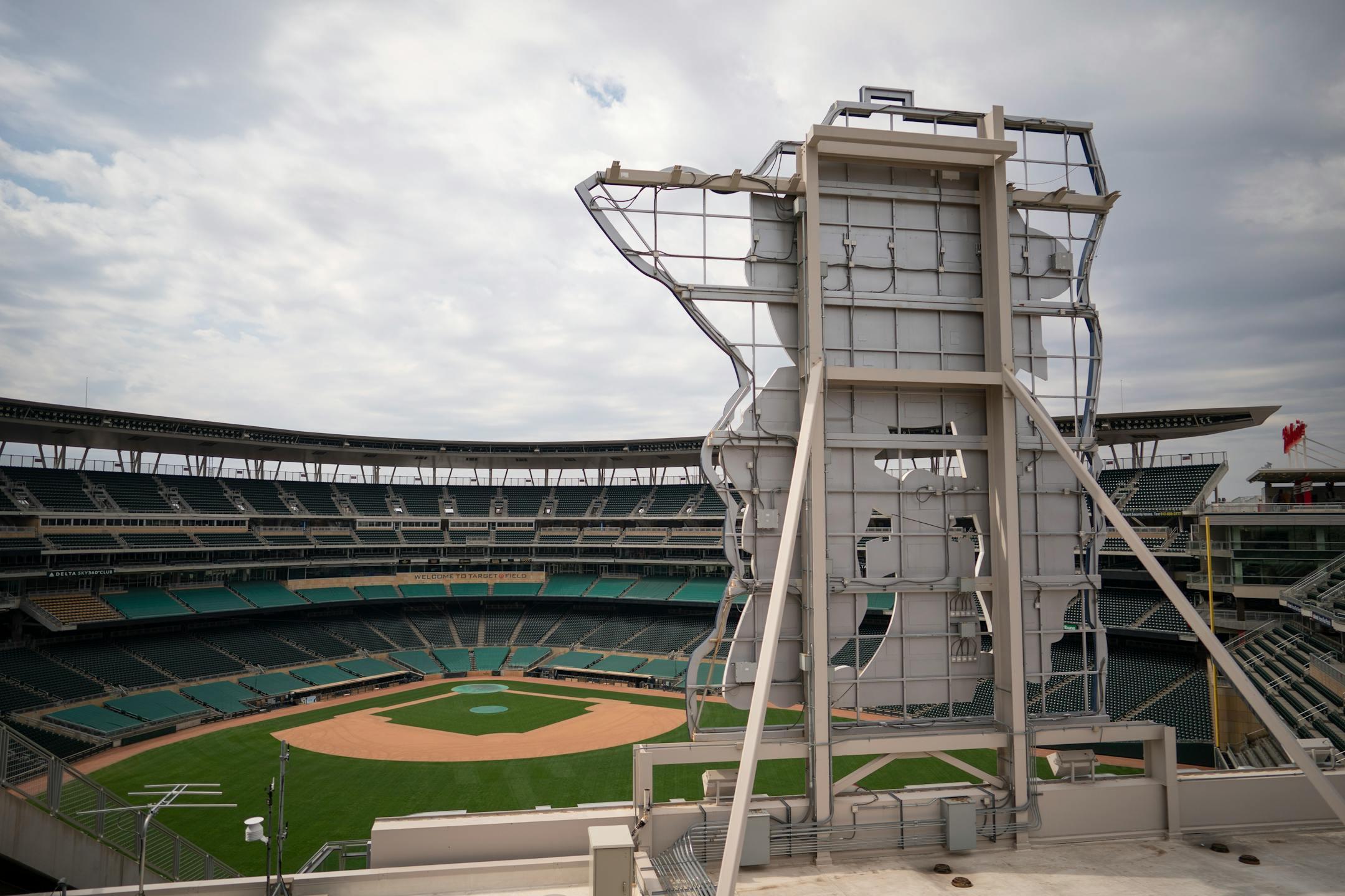 Quiet scenes: The interior of an an empty Target Field, shown Thursday an hour before the home opener against Oakland would have begun.