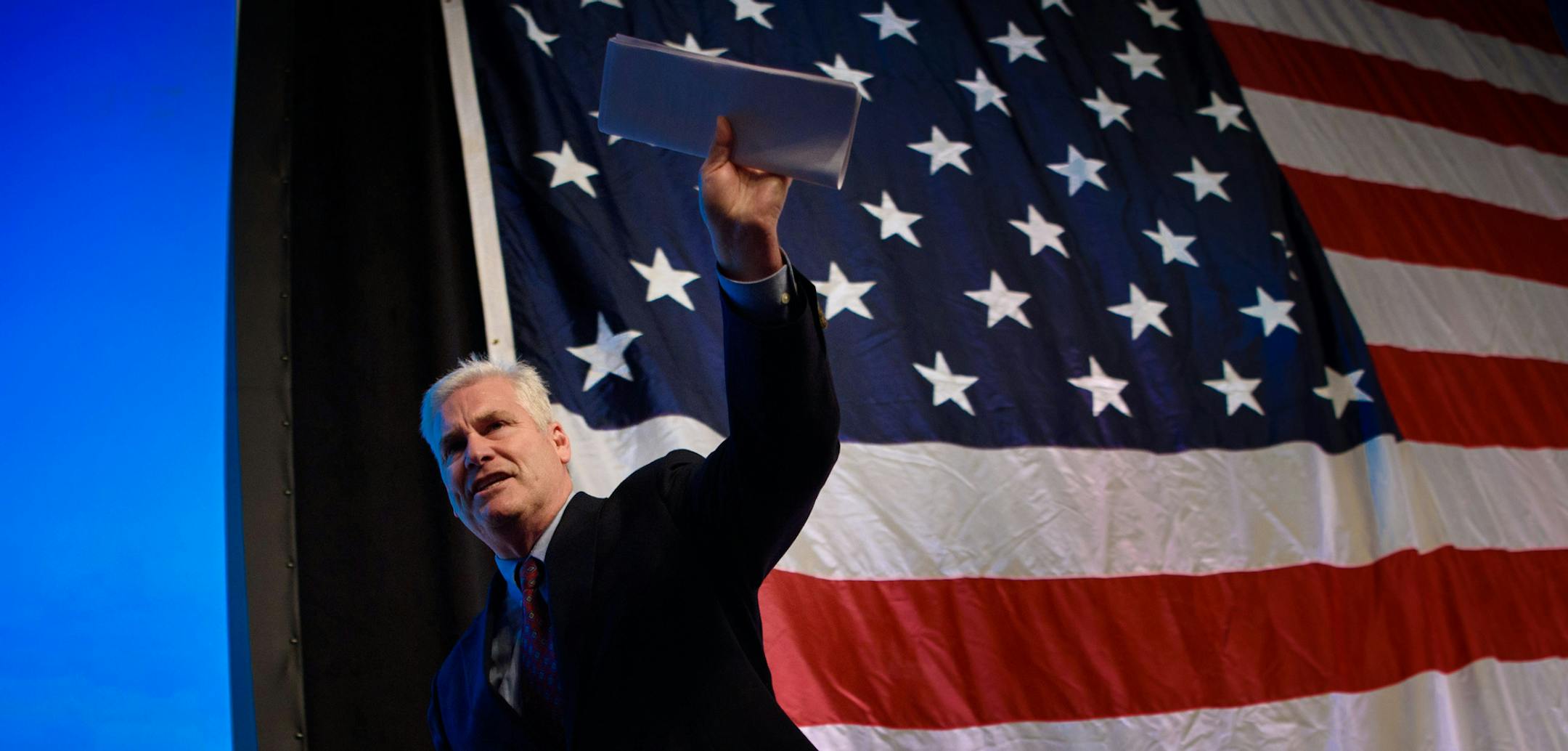 Congressman Tom Emmer waved to the crowd as he left the state at the GOP convention. ] GLEN STUBBE * gstubbe@startribune.com Saturday, May 21, 2016 DULUTH -- GOP activists gathered at the state Republican convention convene on Saturday to finalize the slate of national delegates headed to Cleveland in July for the national convention. It could bring a clash between pro- and anti-Trump forces within the Republican tent.