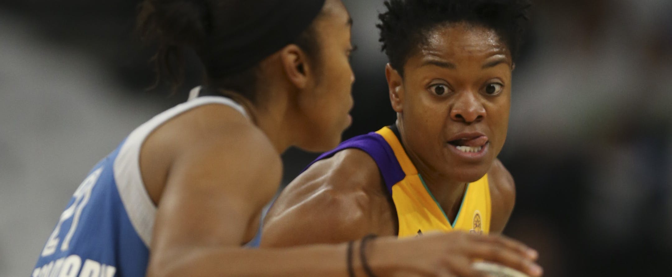 Los Angeles Sparks guard Alana Beard (0) defended Minnesota Lynx guard Renee Montgomery (21) as she moved the ball upcourt in the first quarter. ] JEFF WHEELER ï jeff.wheeler@startribune.com The Minnesota Lynx met the Los Angeles Sparks in Game 1 of their WNBA Championship series Sunday afternoon, October 9, 2016 at Target Center in Minneapolis.