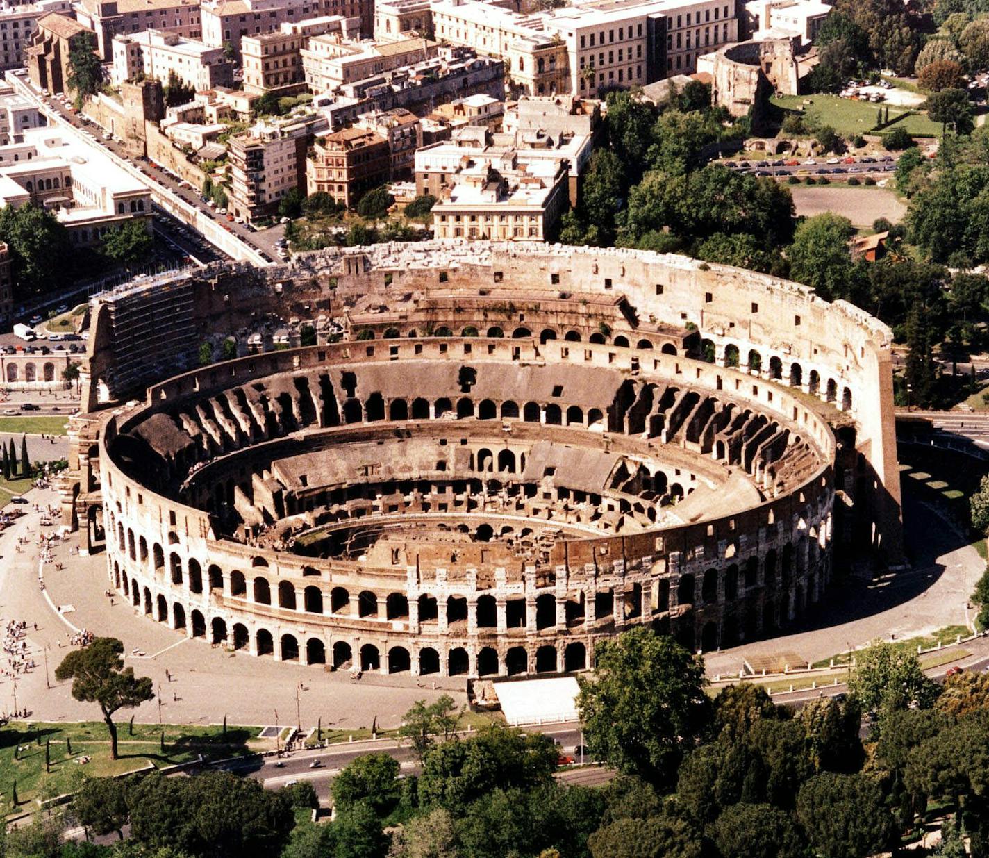 FILE - An undated file photo showing an aerial view of Rome's Colosseum. Italian officials are seeking to raise some &#xc4;25 million (about $32 million) in private money to finance the restoration of one of the country's iconic landmarks: the Colosseum. "Colosseum, hunting for private sponsors,'' was the headline Thursday, July, 29, 2010, in newspaper Corriere della Sera. The Culture Ministry says the government will accept bids from possible sponsors from Aug. 4 to Sept. 15. (AP Photo/File)