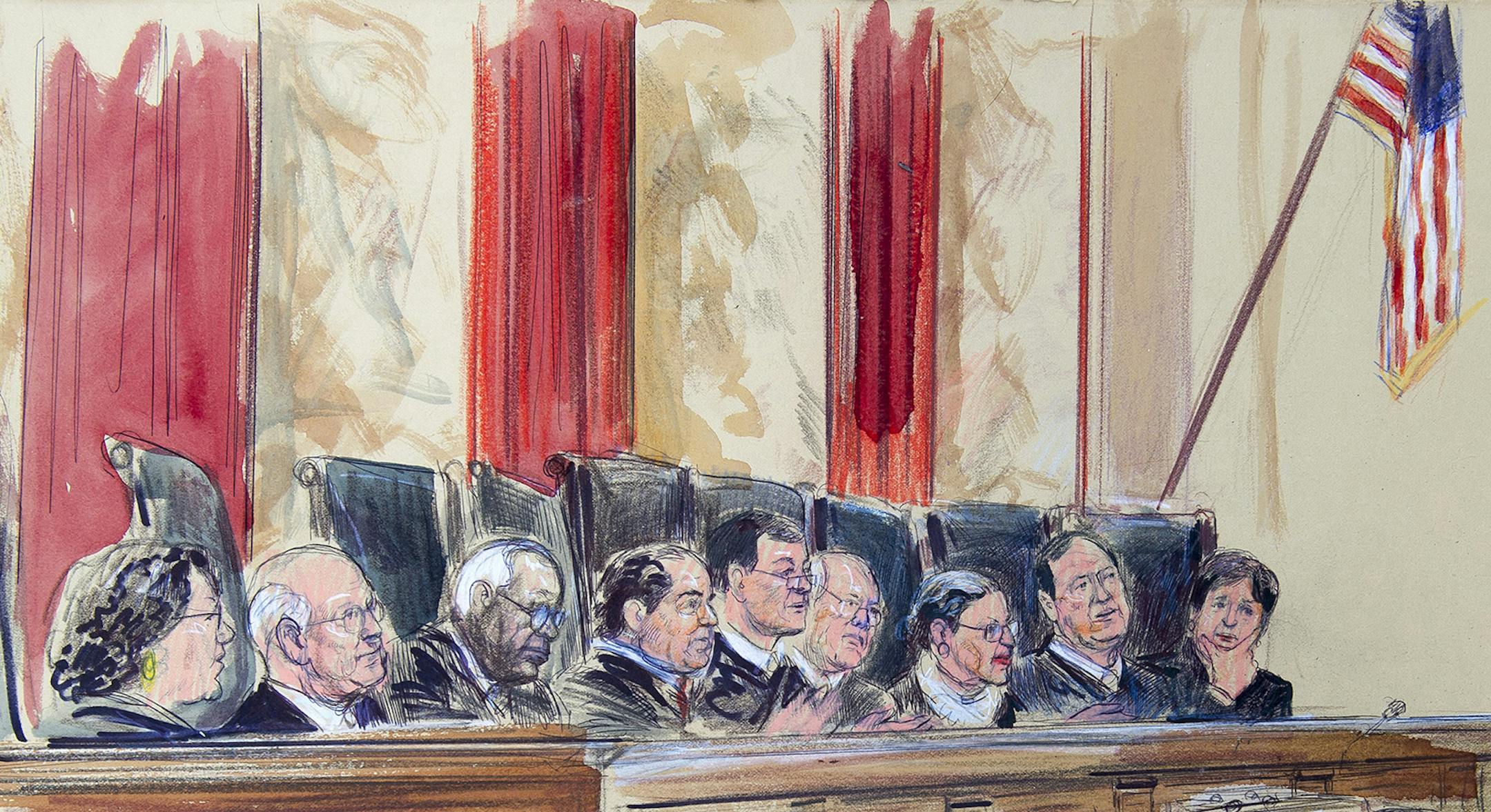 This artist rendering shows civil rights lawyer Mary Bonauto right. arguing before the Supreme Court during its hearing on same-sex marriage, Tuesday, April 28, 2015, in Washington. Justices, from left are, Sonia Sotomayor, Stephen Breyer, Clarence Thomas, Antonin Scalia, Chief Justice John Roberts, Anthony Kennedy, Ruth Bader Ginsburg, Samuel Alito Jr., and Elena Kagan. (AP Photo/Dana Verkouteren) ORG XMIT: MIN2015060321472574