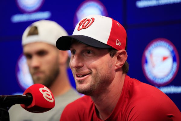 Washington Nationals pitcher Max Scherzer speaks to reporters during a baseball news conference at Nationals Park in Washington, Sunday, July 8, 2018.