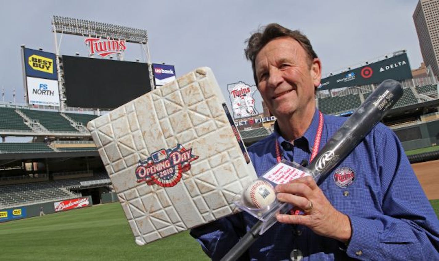 Twins curator Clyde Doepner has been busy collecting firsts at Target Field. From the regular-season opener, he holds first base and the ball hit by Jason Kubel for the first home run. Denard Span used the bat to hit a home run in an exhibition game.