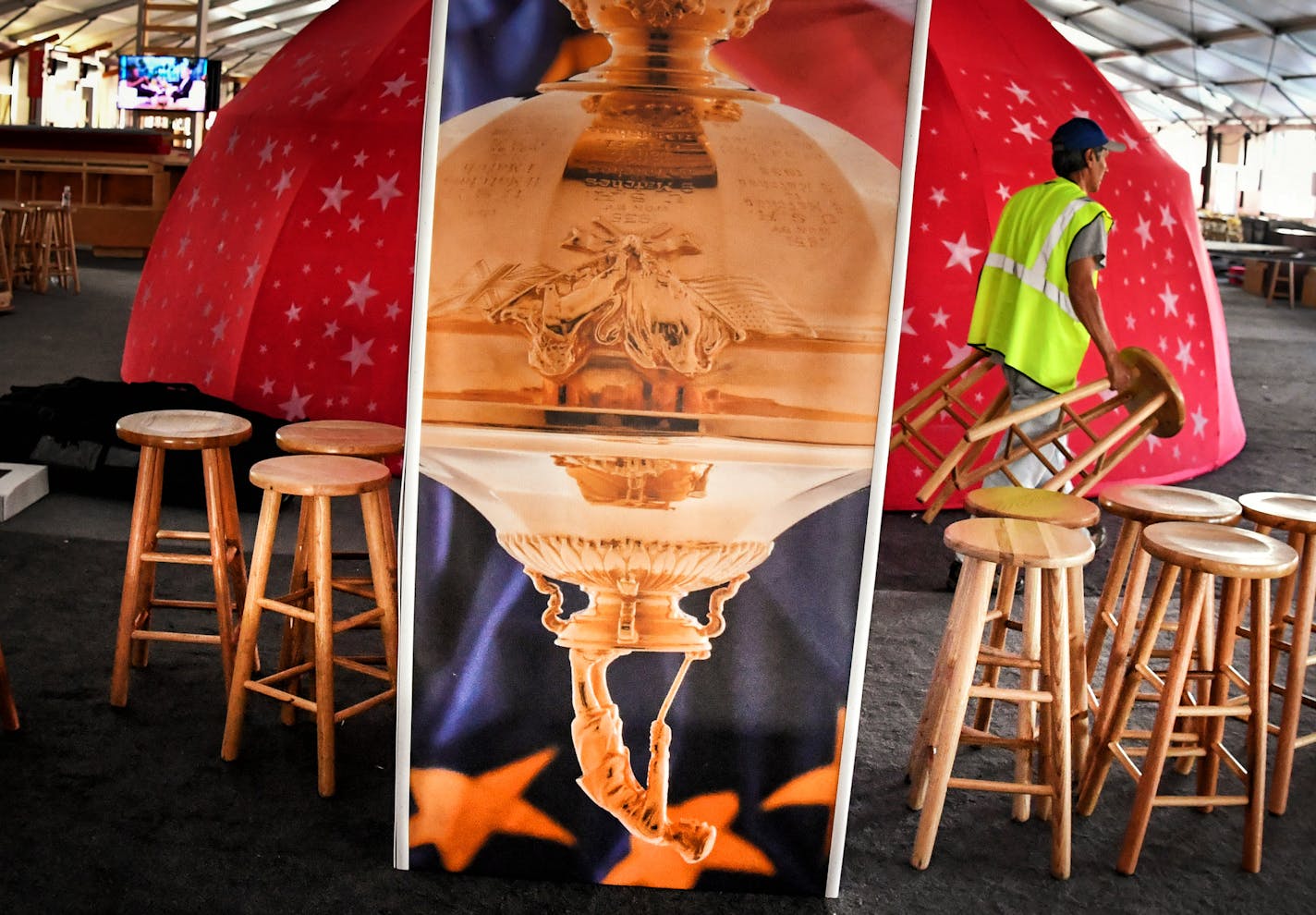 Hundreds of tables, chairs and wood stools packed out of the Ryder Cup International Pavilion. ] GLEN STUBBE * gstubbe@startribune.com Monday, October 3, 2016 The day after the event you've spent two years planning for. What does taking down look like at a major golf tournament? The Ryder Cup finished yesterday, teardown starts today and will take months.