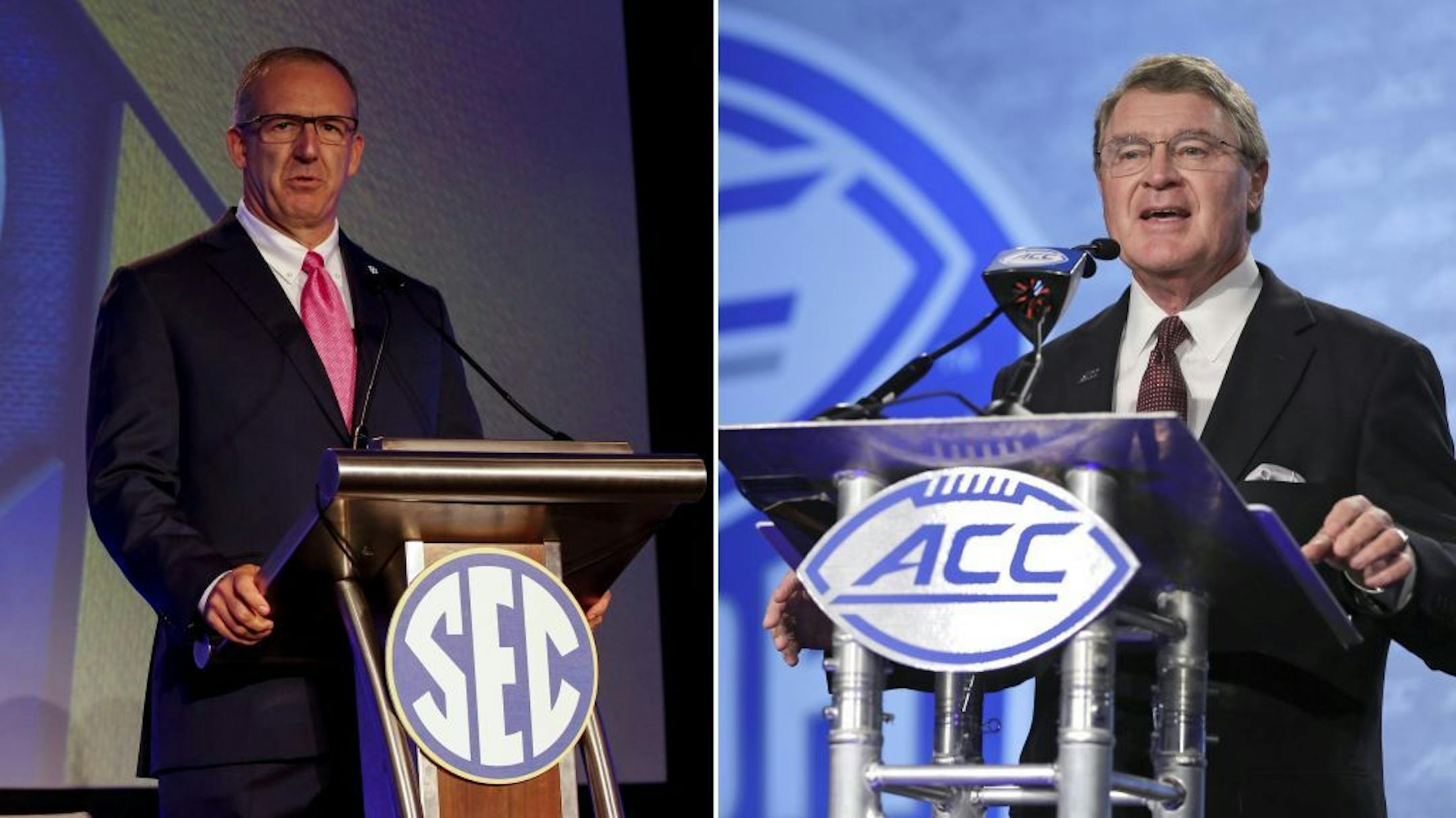 FILE - At left, in a July 10, 2017, file photo, SEC�conference commissioner Greg Sankey speaks during the NCAA college football Southeastern Conference's annual media gathering in Hoover, Ala. At right, in a July 13, 2017, file photo, ACC Commissioner John Swofford speaks to the media during the Atlantic Coast Conference NCAA college football media day in Charlotte, N.C. The Atlantic Coast Conference has closed the gap on the Southeastern Conference with a four-year run that includes two nationa