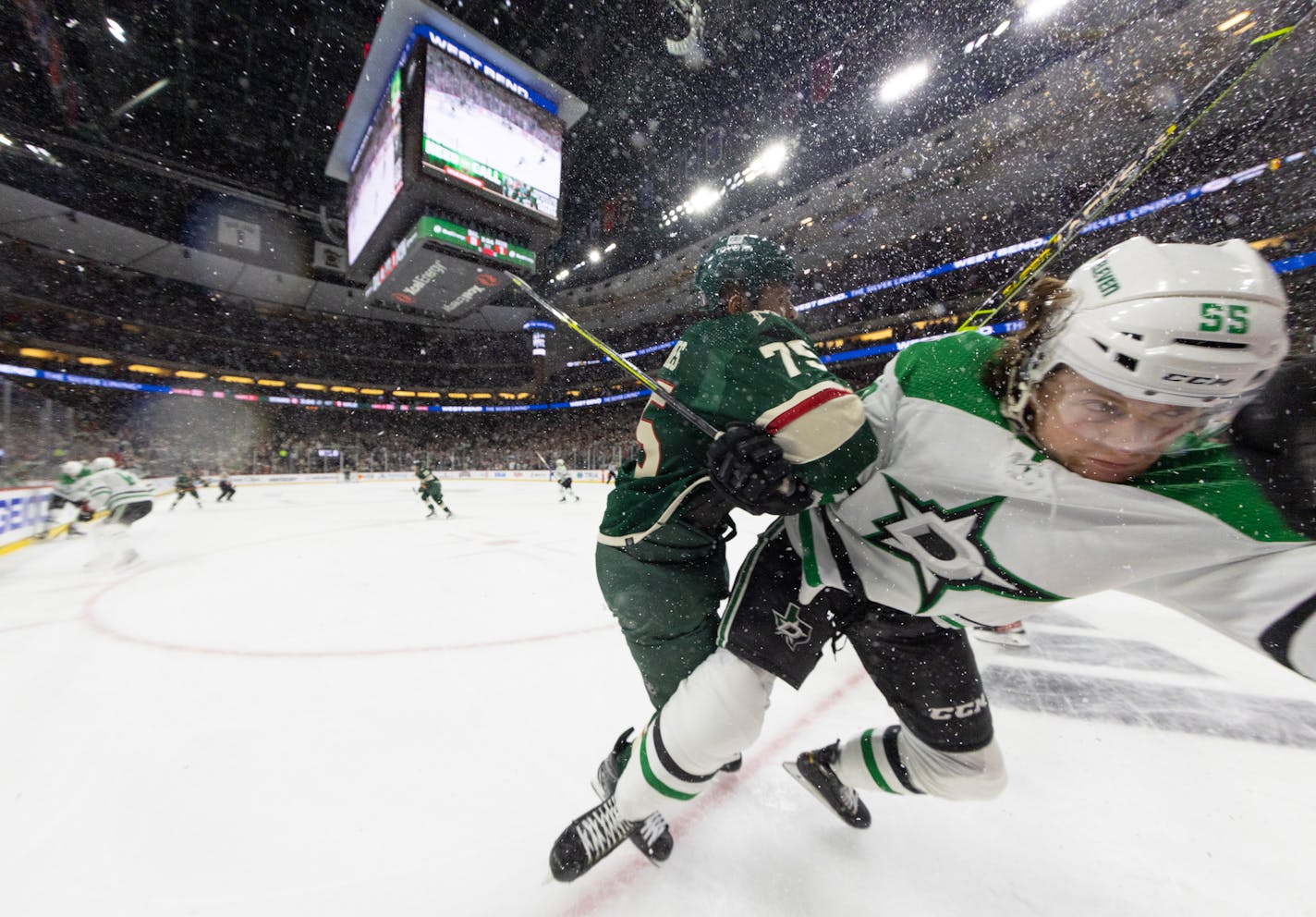 Wild right wing Ryan Reaves checked Stars defenseman Thomas Harley into the boards in the first period.