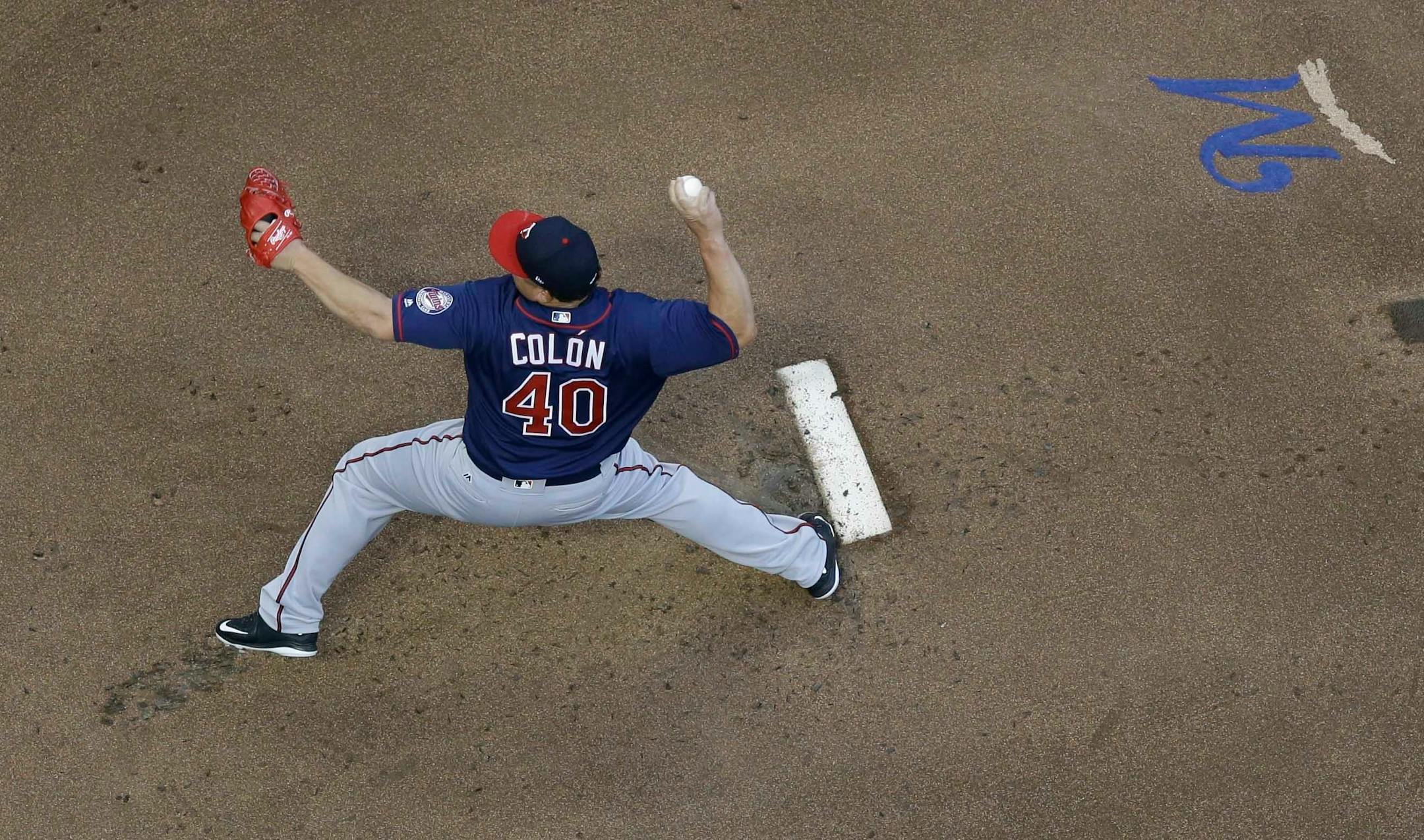 Minnesota Twins starting pitcher Bartolo Colon throws during the first inning of a baseball game Wednesday, Aug. 9, 2017, in Milwaukee. (AP Photo/Morry Gash)
