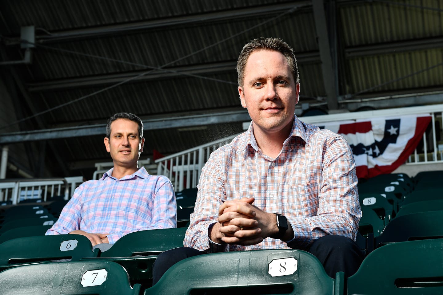 From left, Twins senior vice president and general manager Thad Levine and executive vice president and chief baseball officer Derek Falvey. ] AARON LAVINSKY � aaron.lavinsky@startribune.com Minnesota Twins players took part in Spring Training on Friday, Feb. 17, 2017 at CenturyLink Sports Complex in Fort Myers, Fla.