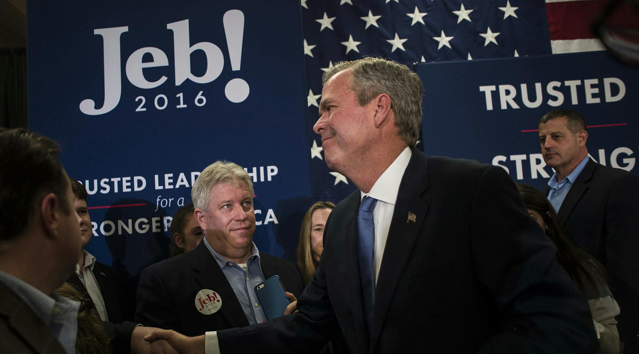 Jeb Bush greets supporters after his concession speech on the night of the South Carolina Republican primary, in Columbia, S.C., Feb. 20, 2016. Donald Trump was projected the winner shortly after polls closed; an hour later, Bush announced that he was ending his bid for the nomination. "I'm proud of the campaign that we've run," Bush said. "But the people of Iowa, and New Hampshire and South Carolina have spoken and I respect their decision.î (Gabriella Demczuk/The New York Times) ORG XMIT: