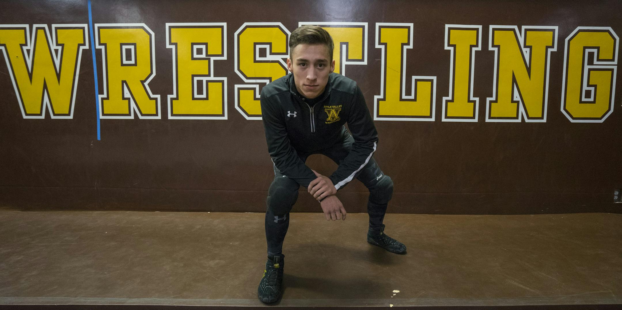 Apple Valley wrestler, Sebas Swiggum poses for a portrait at Apple Valley High School on Thursday, Feb. 21, 2019 ]
TONY SAUNDERS ¡ anthony.saunders@startribune.com Swiggum maintains a 4.0 G.P.A. and plans to attend the University of Minnesota after high school.
