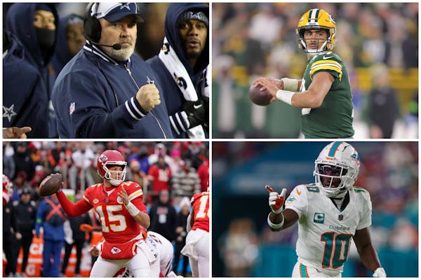 Former Packers coach Mike McCarthy, top left, will face new Packers starting quarterback Jordan Love, and Chiefs quarterback Patrick Mahomes, bottom l