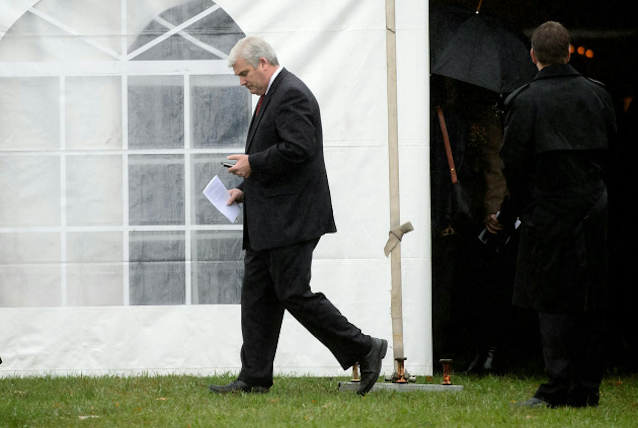 Tom Emmer after the service.  Sen. Rod Grams funeral service, Tuesday, October 15, 2013   A large tent was erected next to the Zion Lutheran Church in St. Francis to handle the large crowd.      ]   GLEN STUBBE * gstubbe@startribune.com