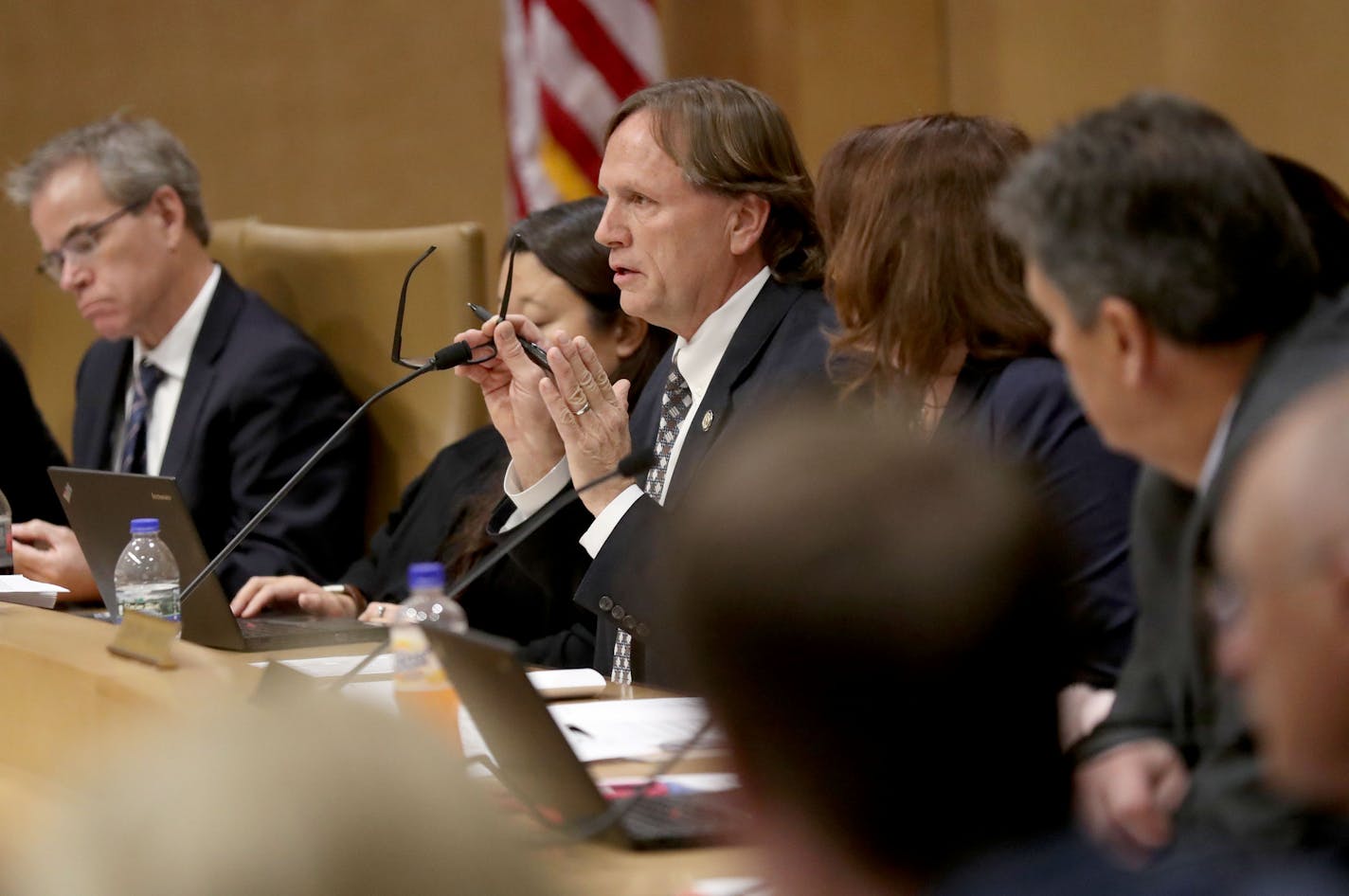 Senator Jim Abeler, R-Anoka, spoke during a Senate committee meeting on concerns over the DHS making $29 million in improper payments to two Indian bands for opioid treatment Wednesday, Oct. 30, 2019, in St. Paul, MN.]