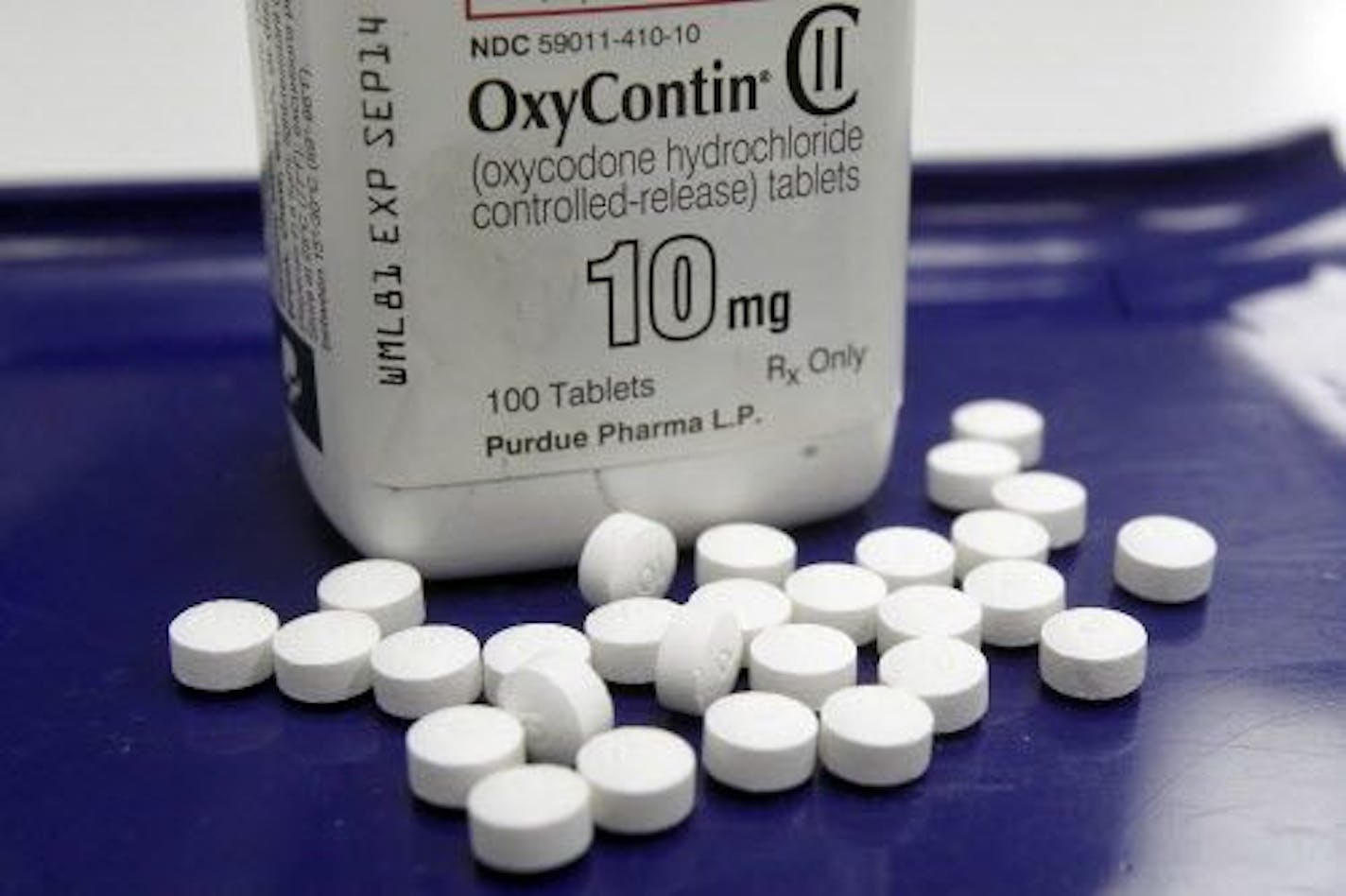 FILE - This Feb. 19, 2013 file photo shows OxyContin pills arranged for a photo at a pharmacy in Montpelier, Vt. The maker of the powerful painkiller said it will stop marketing opioid drugs to doctors, a surprise reversal after lawsuits blaming the company for helping trigger the current drug abuse epidemic. OxyContin has long been the world's top-selling opioid painkiller and generated billions in sales for privately-held Purdue.