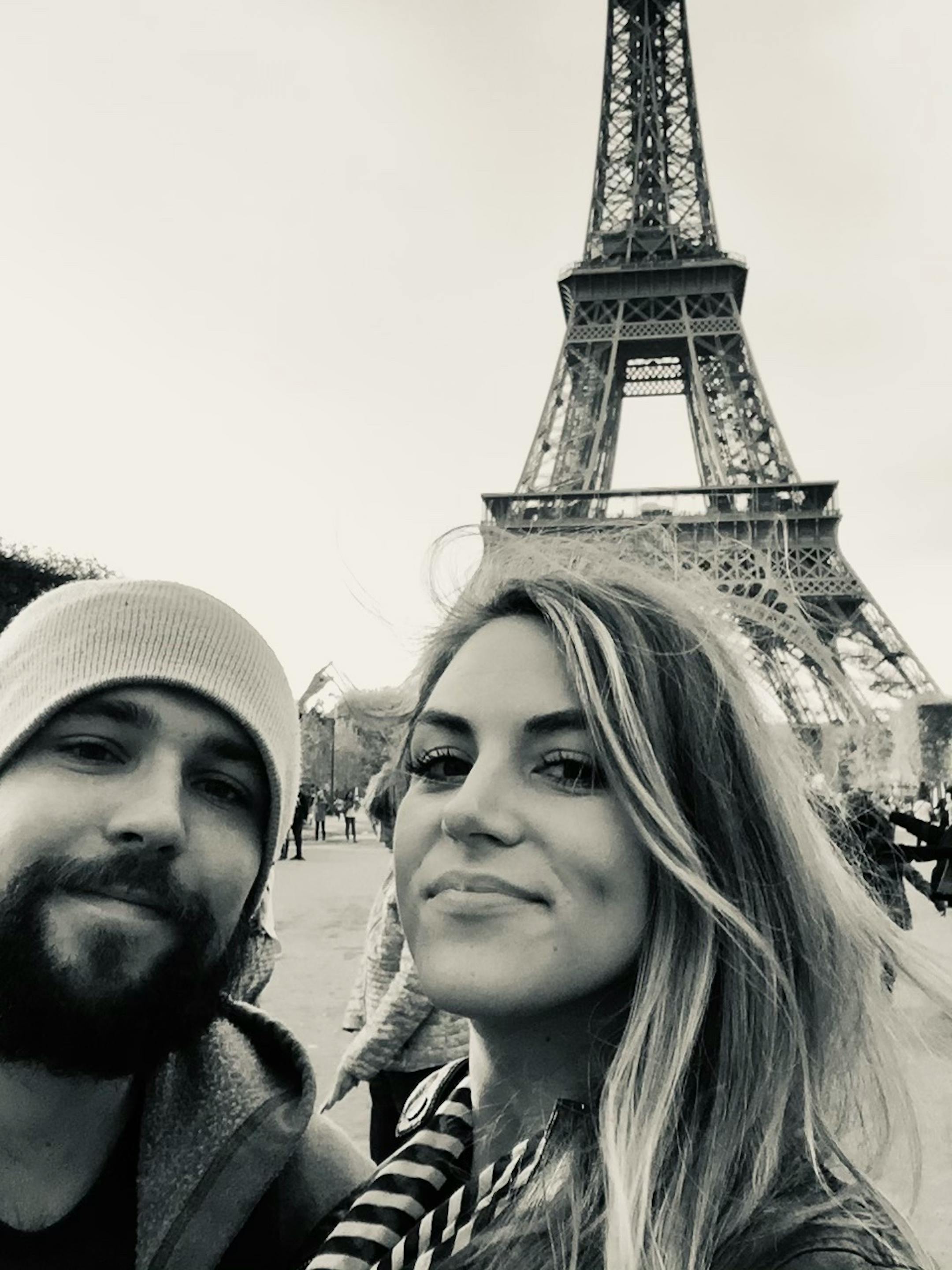 Kevin Manley and Anna Morgan in front of the Eiffel Tower