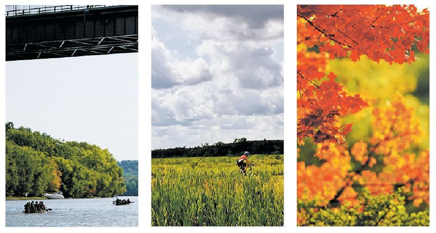 The opportunities to paddle, ride and hike are boundless. Here: Wilderness Inquiry on the Mississippi River; Paul Bunyan State Trail; Afton State Park.